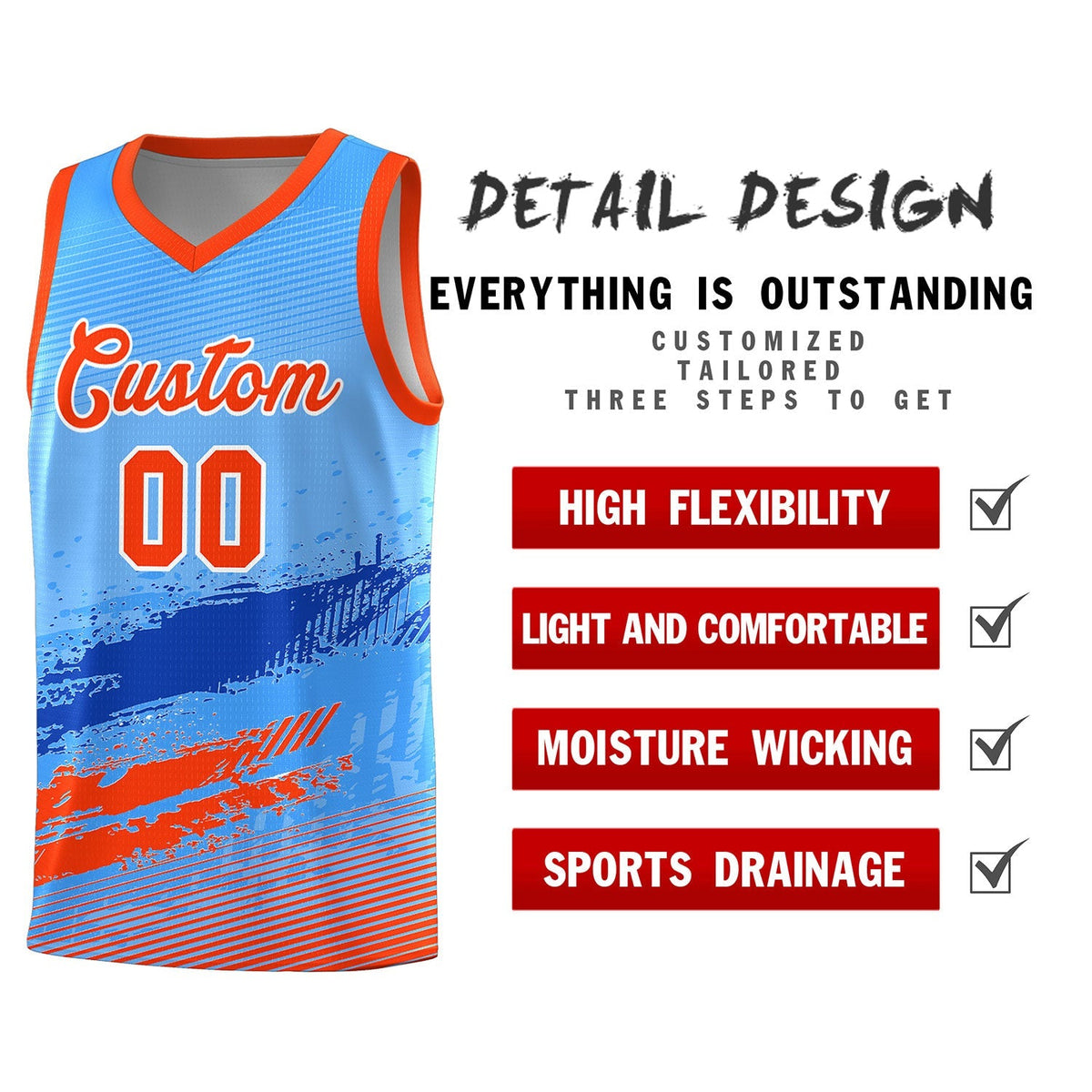 Custom Powder Blue Royal and Orange Graffiti Pattern Sports Uniform Basketball Jersey|KXKSHOP