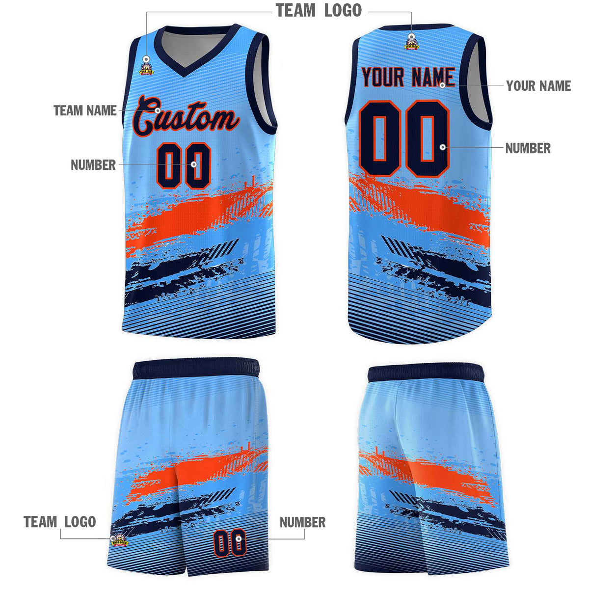 Custom Powder Blue Orange and Navy Graffiti Pattern Sports Uniform Basketball Jersey|KXKSHOP