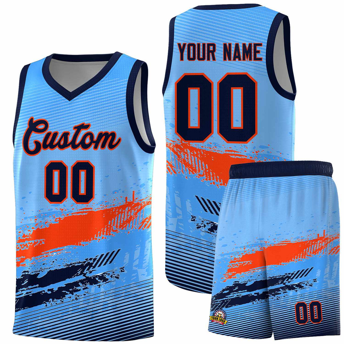 Custom Powder Blue Orange and Navy Graffiti Pattern Sports Uniform Basketball Jersey|KXKSHOP