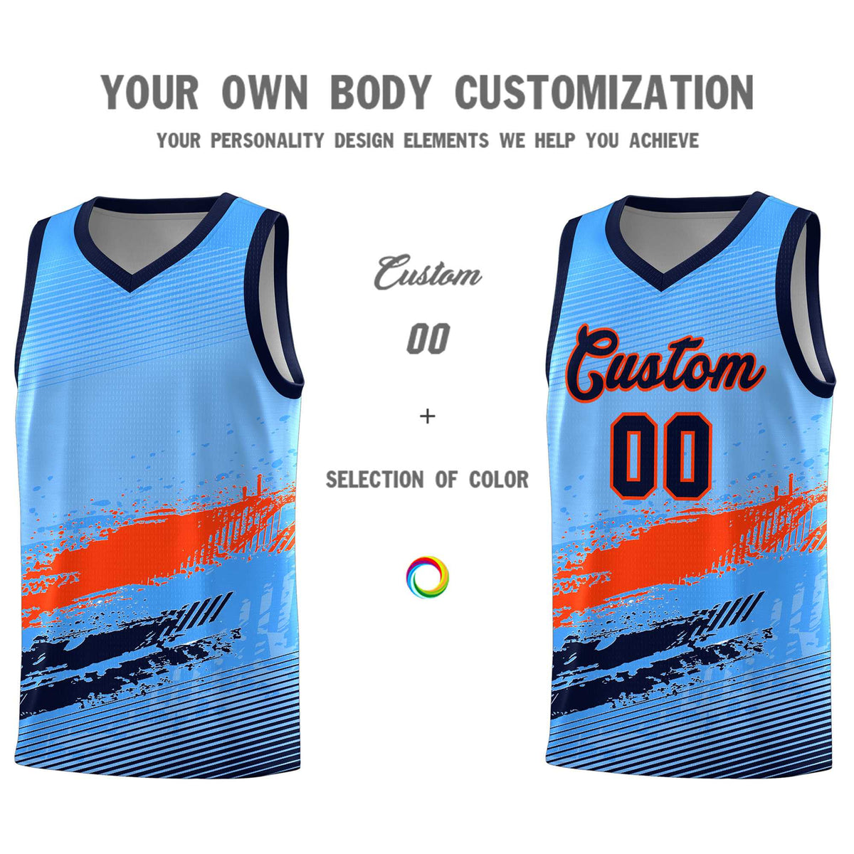 Custom Powder Blue Orange and Navy Graffiti Pattern Sports Uniform Basketball Jersey|KXKSHOP