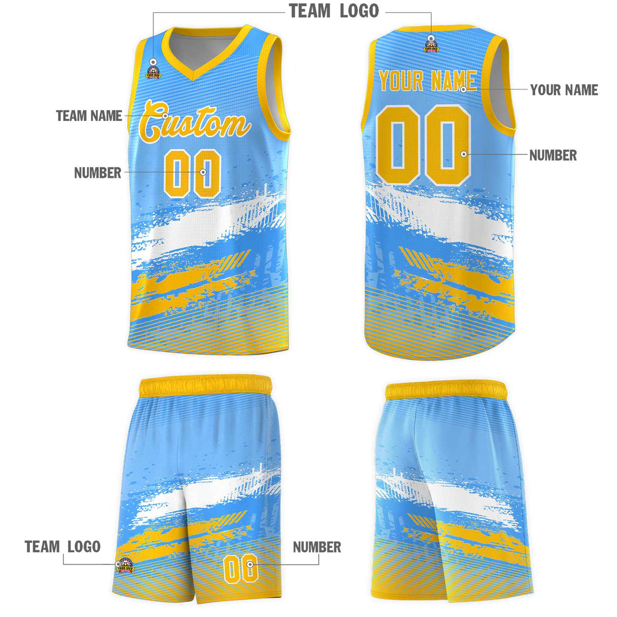 Custom Powder Blue White and Yellow Graffiti Pattern Sports Uniform Basketball Jersey|KXKSHOP