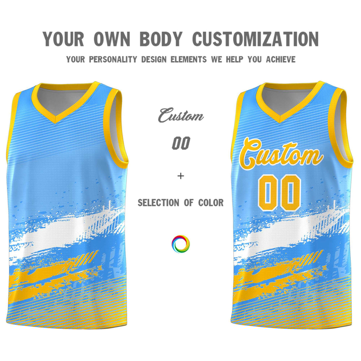 Custom Powder Blue White and Yellow Graffiti Pattern Sports Uniform Basketball Jersey|KXKSHOP