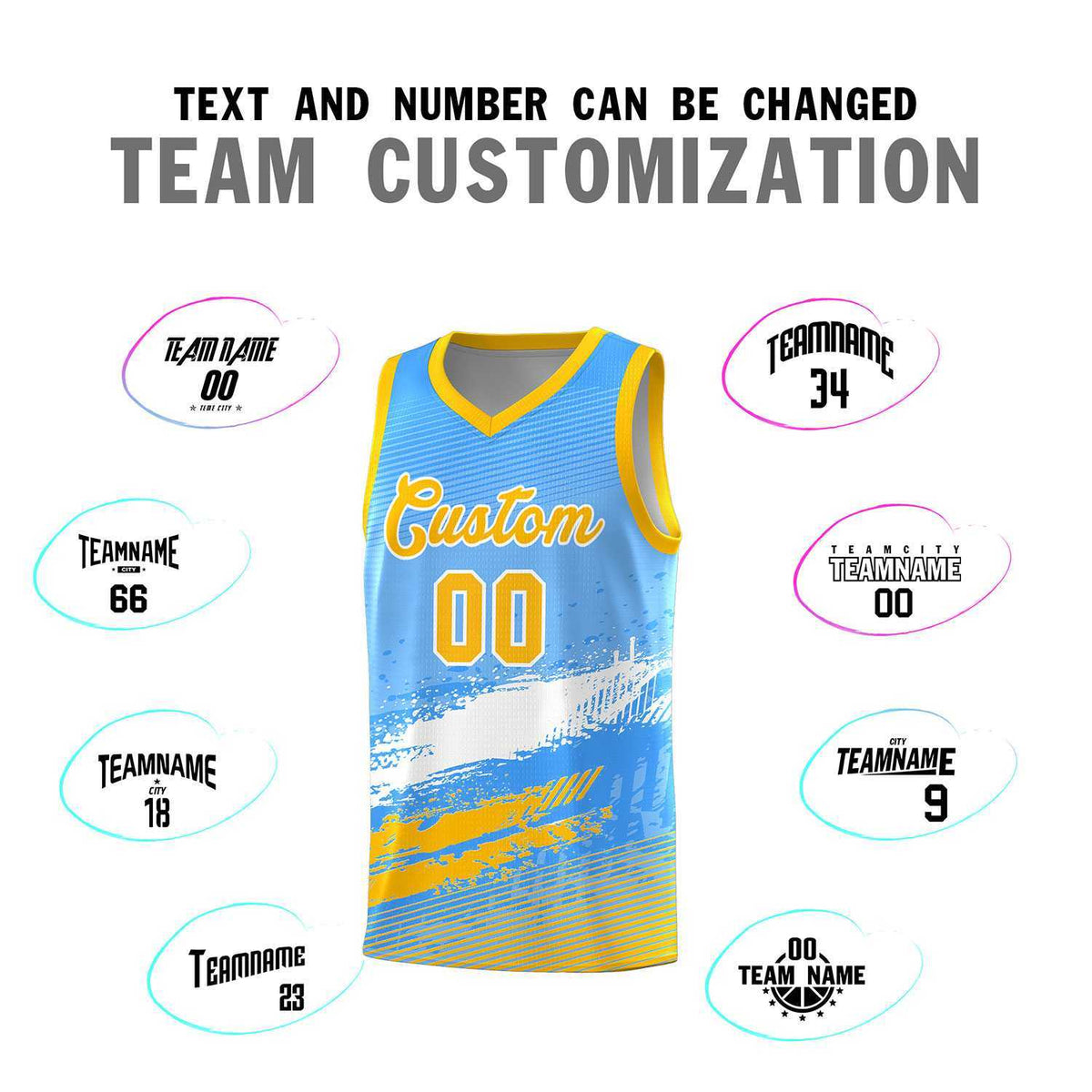 Custom Powder Blue White and Yellow Graffiti Pattern Sports Uniform Basketball Jersey|KXKSHOP