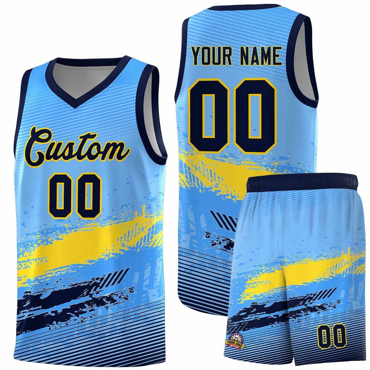 Custom Powder Blue Gold and Navy Graffiti Pattern Sports Uniform Basketball Jersey|KXKSHOP