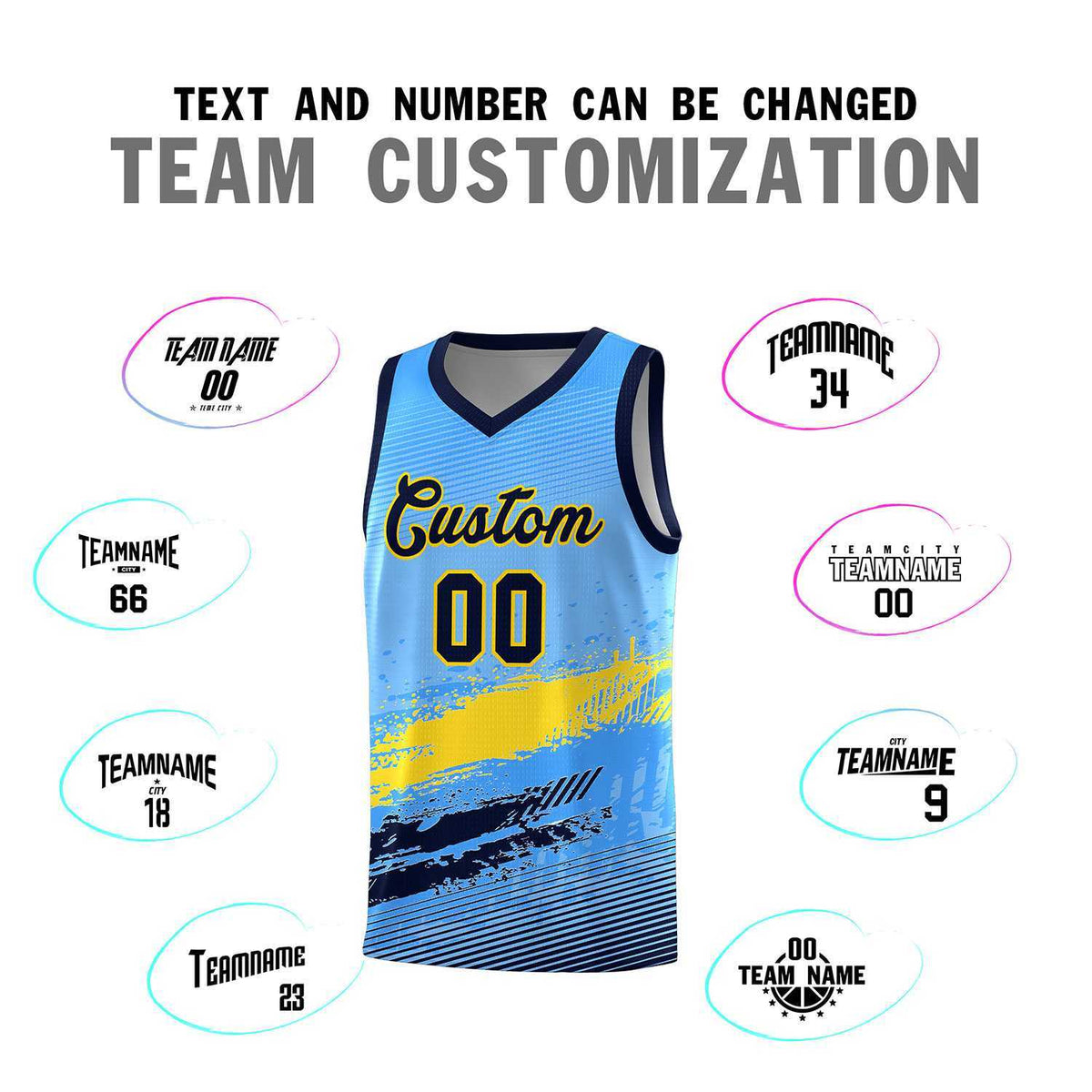 Custom Powder Blue Gold and Navy Graffiti Pattern Sports Uniform Basketball Jersey|KXKSHOP