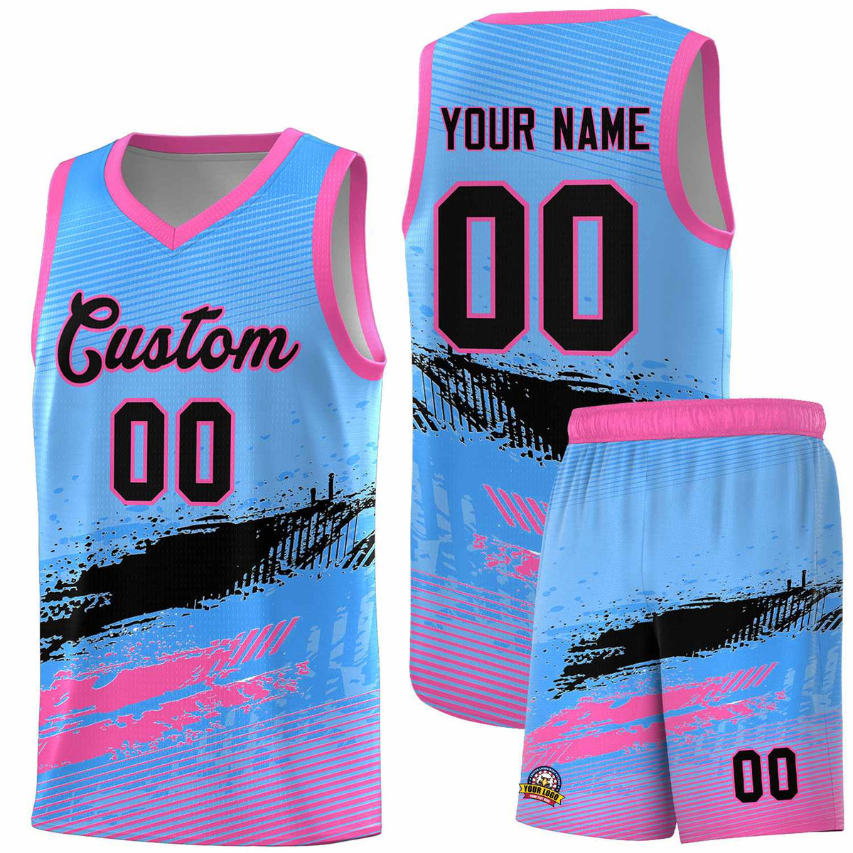 Custom Powder Blue Black and Pink Graffiti Pattern Sports Uniform Basketball Jersey|KXKSHOP