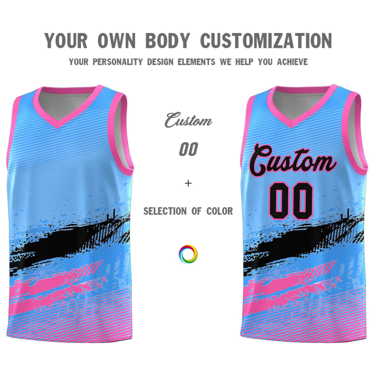 Custom Powder Blue Black and Pink Graffiti Pattern Sports Uniform Basketball Jersey|KXKSHOP