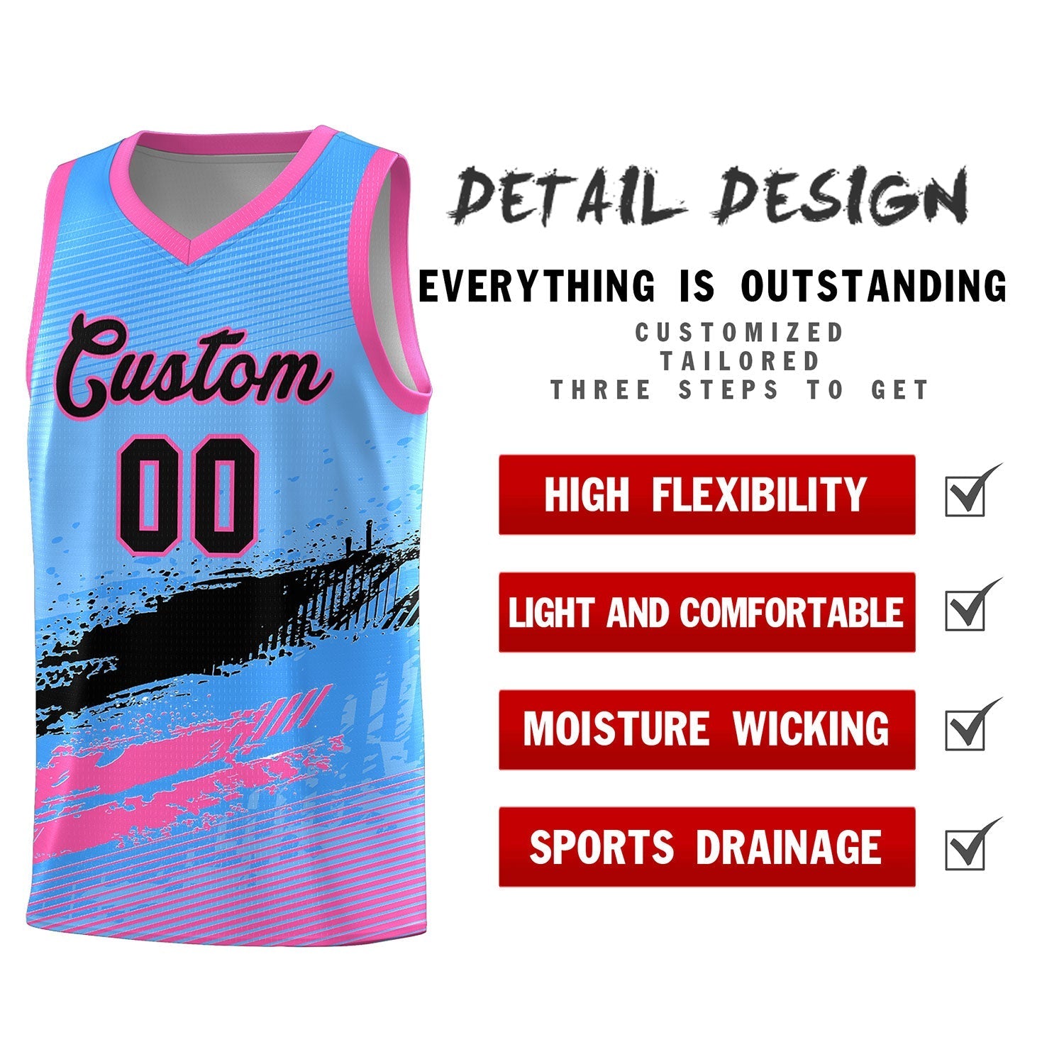 Custom Powder Blue Black and Pink Graffiti Pattern Sports Uniform Basketball Jersey|KXKSHOP
