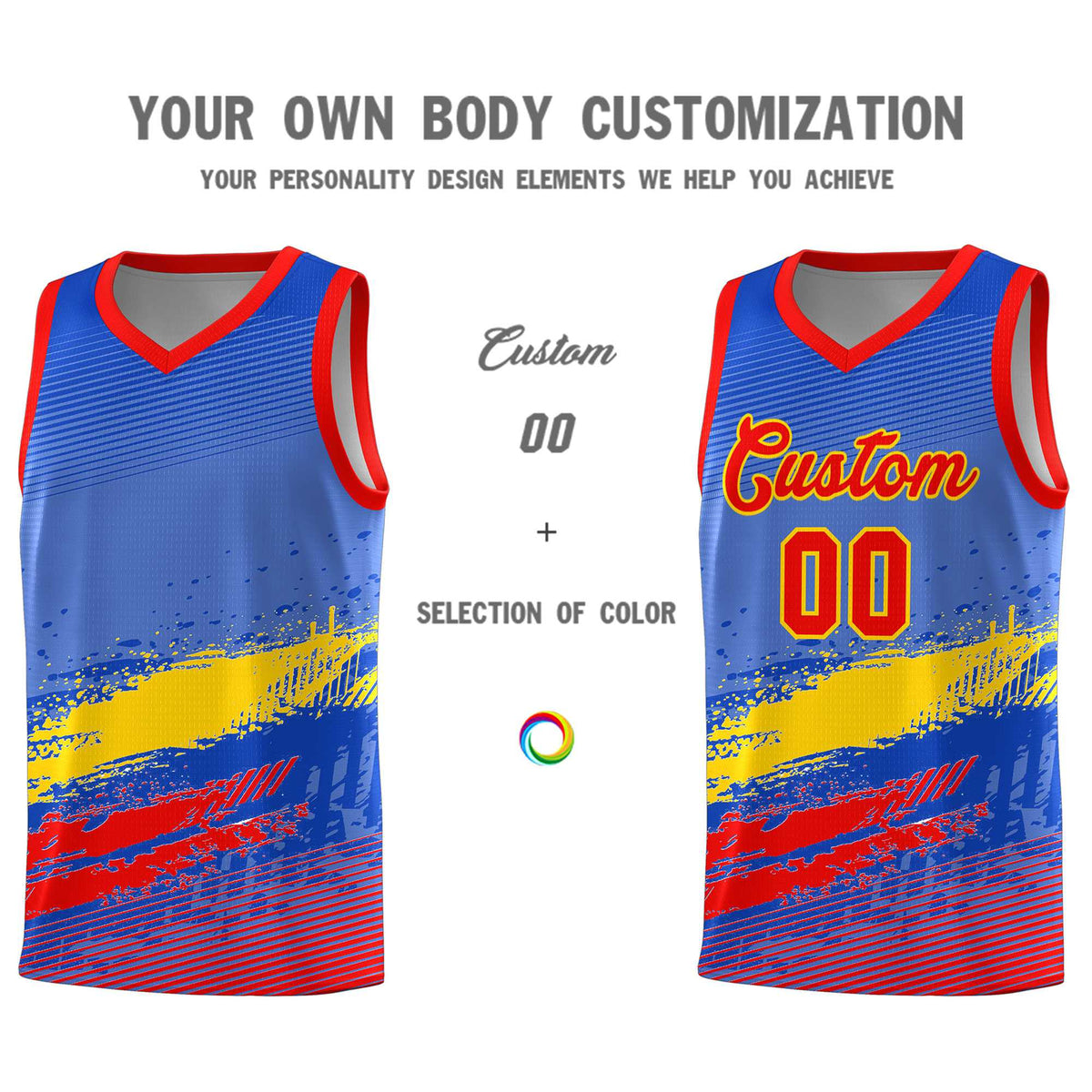 Custom Royal Gold and Red Graffiti Pattern Sports Uniform Basketball Jersey|KXKSHOP