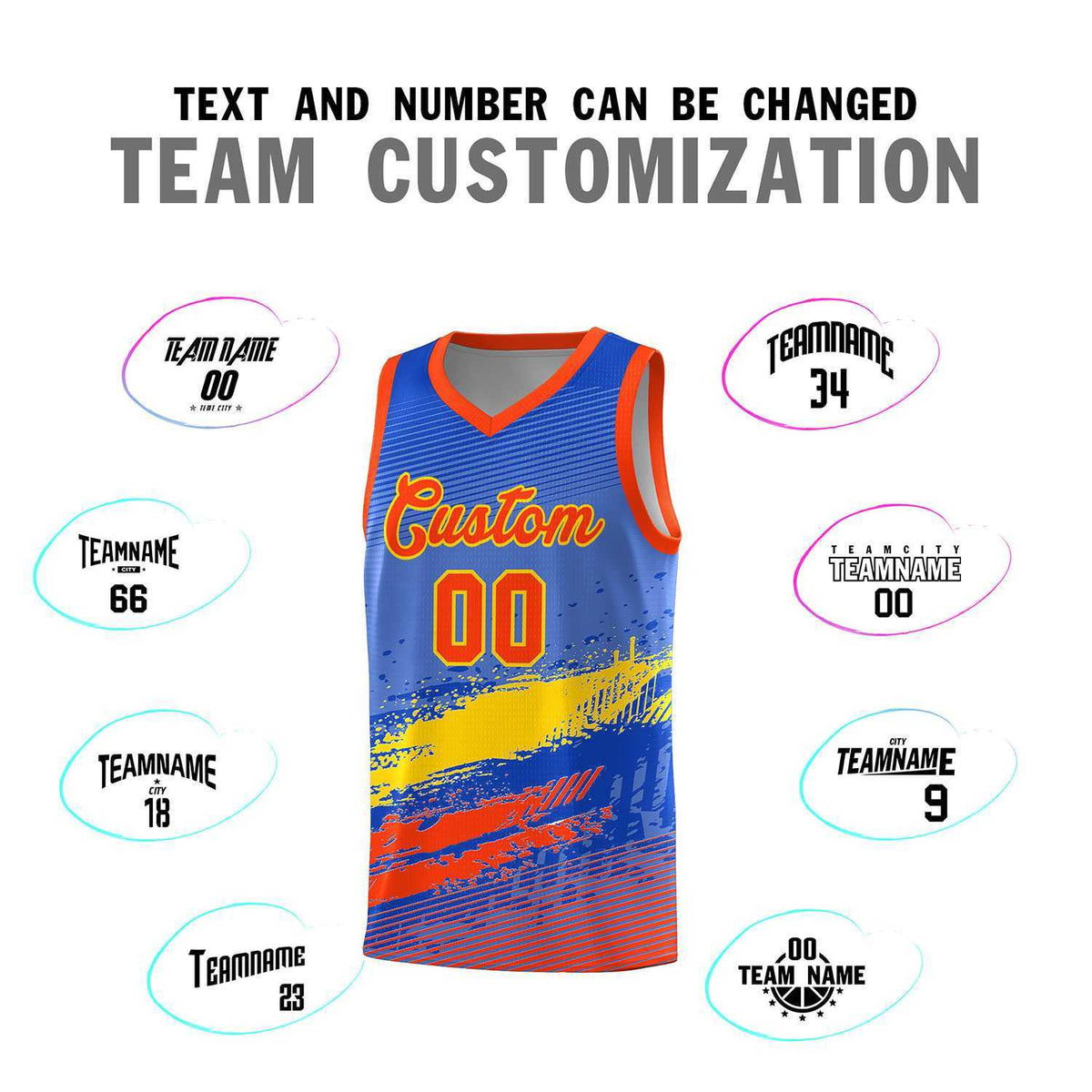 Custom Royal Gold and Orange Graffiti Pattern Sports Uniform Basketball Jersey|KXKSHOP