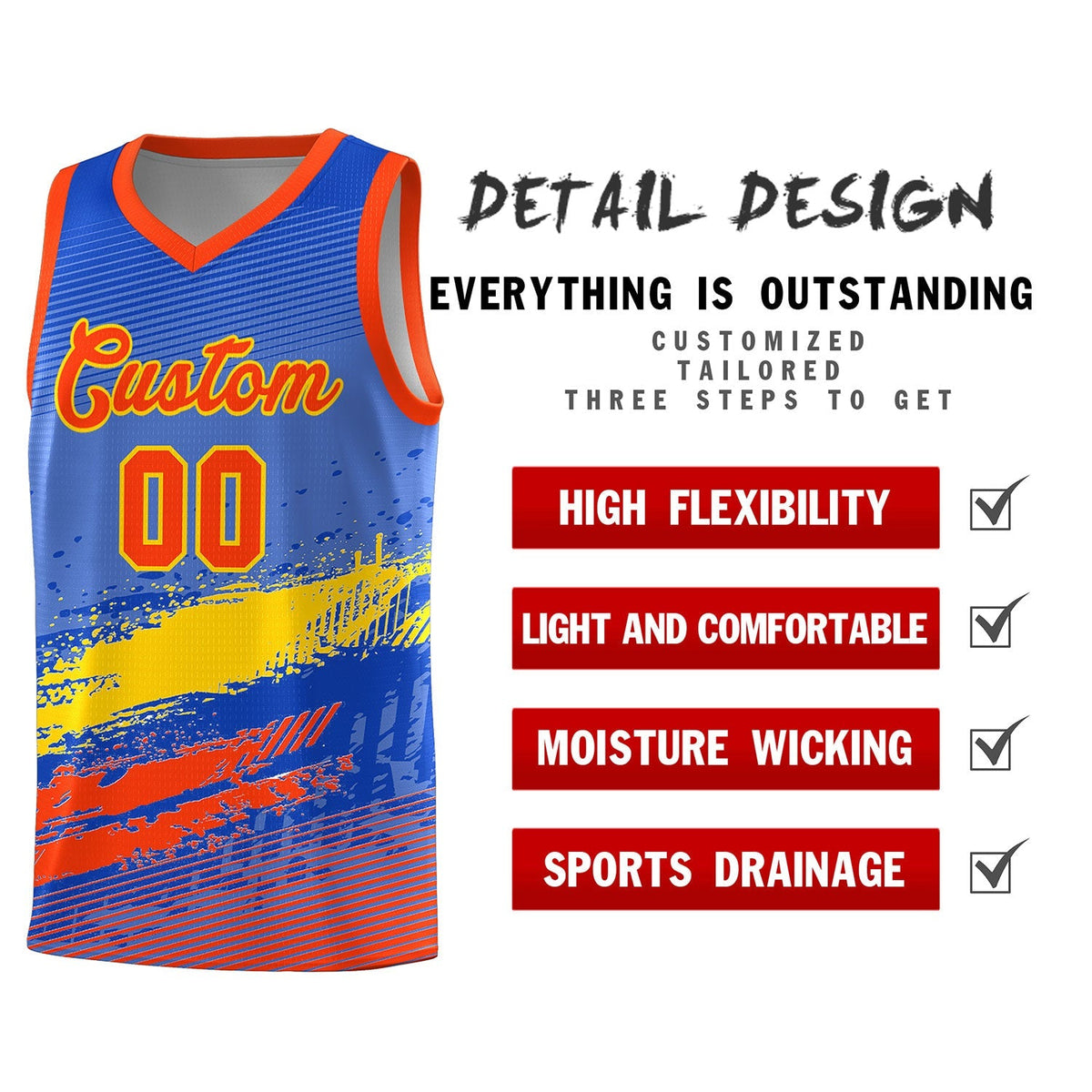 Custom Royal Gold and Orange Graffiti Pattern Sports Uniform Basketball Jersey|KXKSHOP