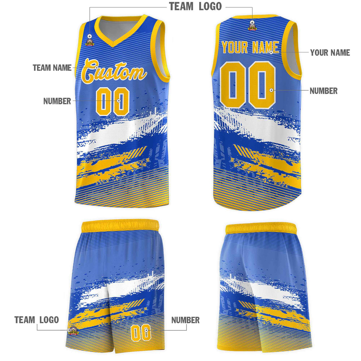 Custom Royal White and Yellow Graffiti Pattern Sports Uniform Basketball Jersey|KXKSHOP