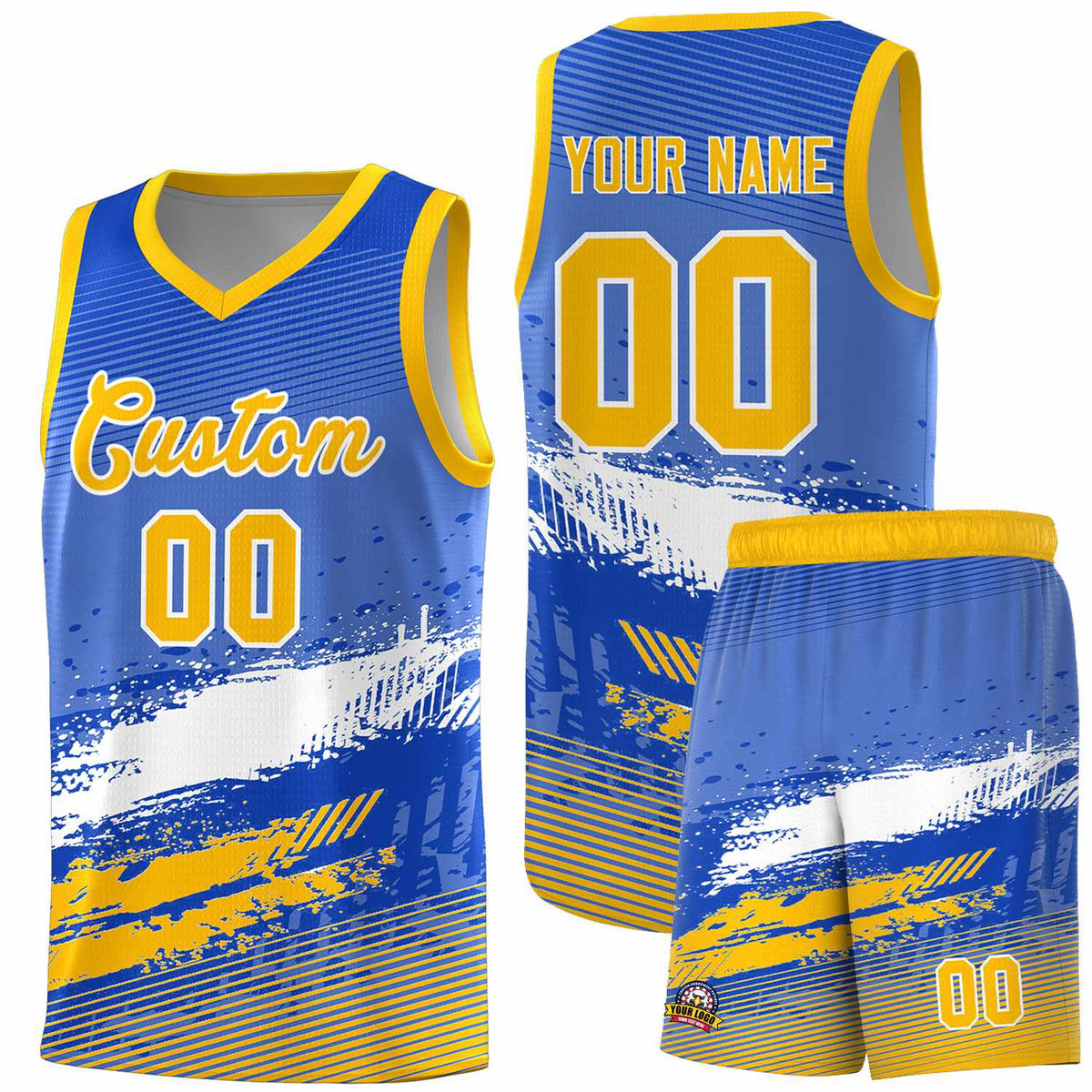 Custom Royal White and Yellow Graffiti Pattern Sports Uniform Basketball Jersey|KXKSHOP