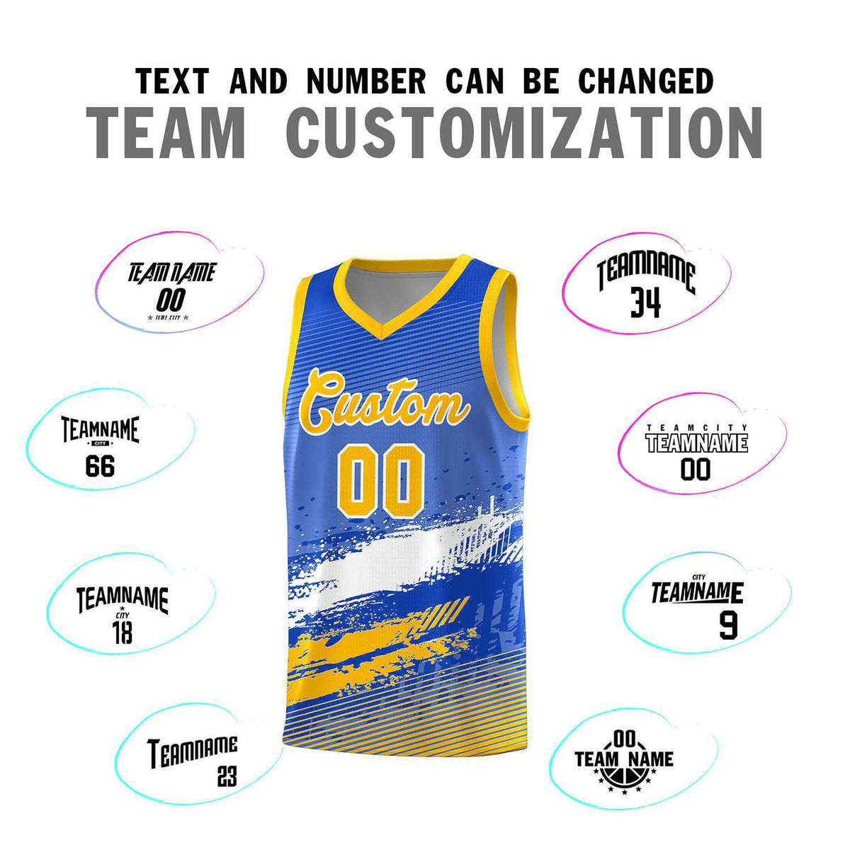 Custom Royal White and Yellow Graffiti Pattern Sports Uniform Basketball Jersey|KXKSHOP
