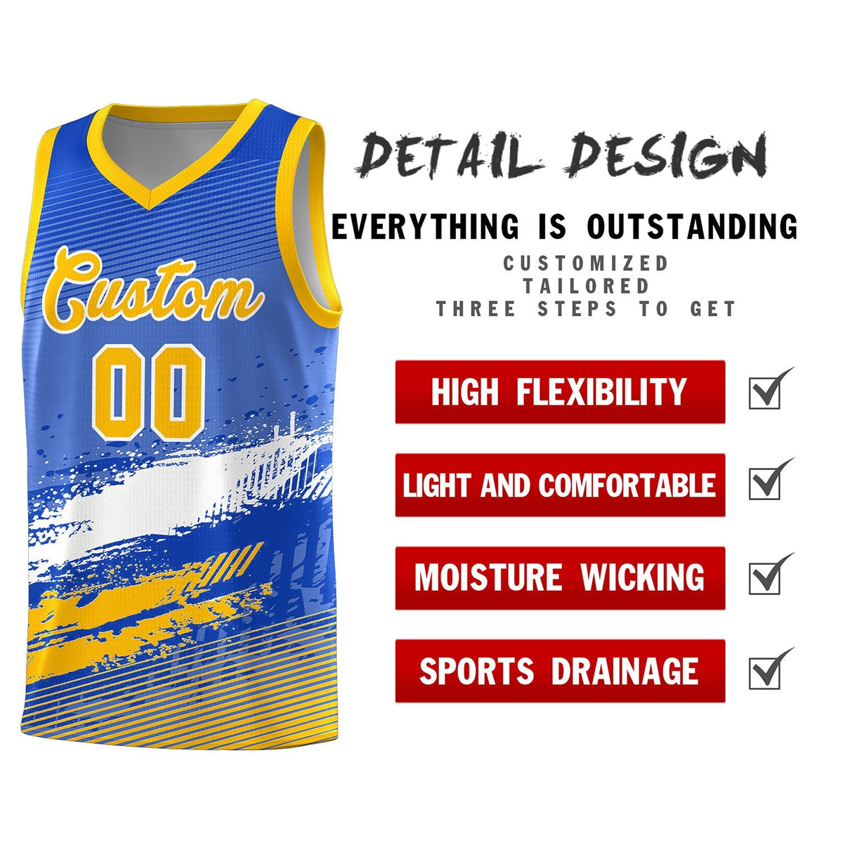 Custom Royal White and Yellow Graffiti Pattern Sports Uniform Basketball Jersey|KXKSHOP