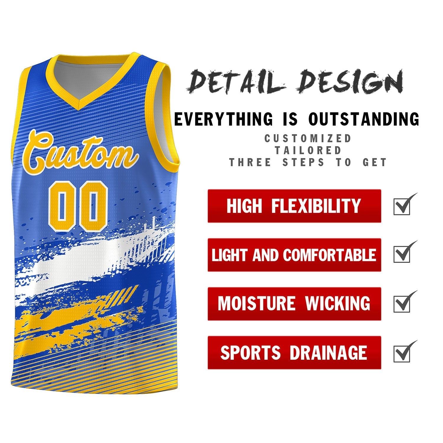 Custom Royal White and Yellow Graffiti Pattern Sports Uniform Basketball Jersey|KXKSHOP