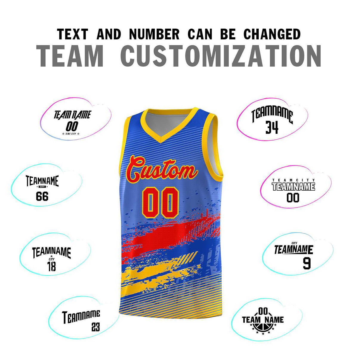 Custom Royal Red and Yellow Graffiti Pattern Sports Uniform Basketball Jersey|KXKSHOP