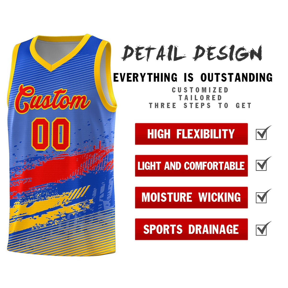 Custom Royal Red and Yellow Graffiti Pattern Sports Uniform Basketball Jersey|KXKSHOP