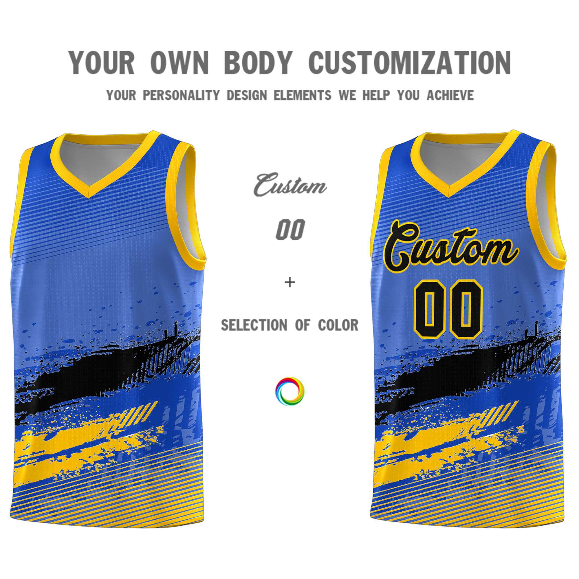 Custom Royal Black and Yellow Graffiti Pattern Sports Uniform Basketball Jersey|KXKSHOP