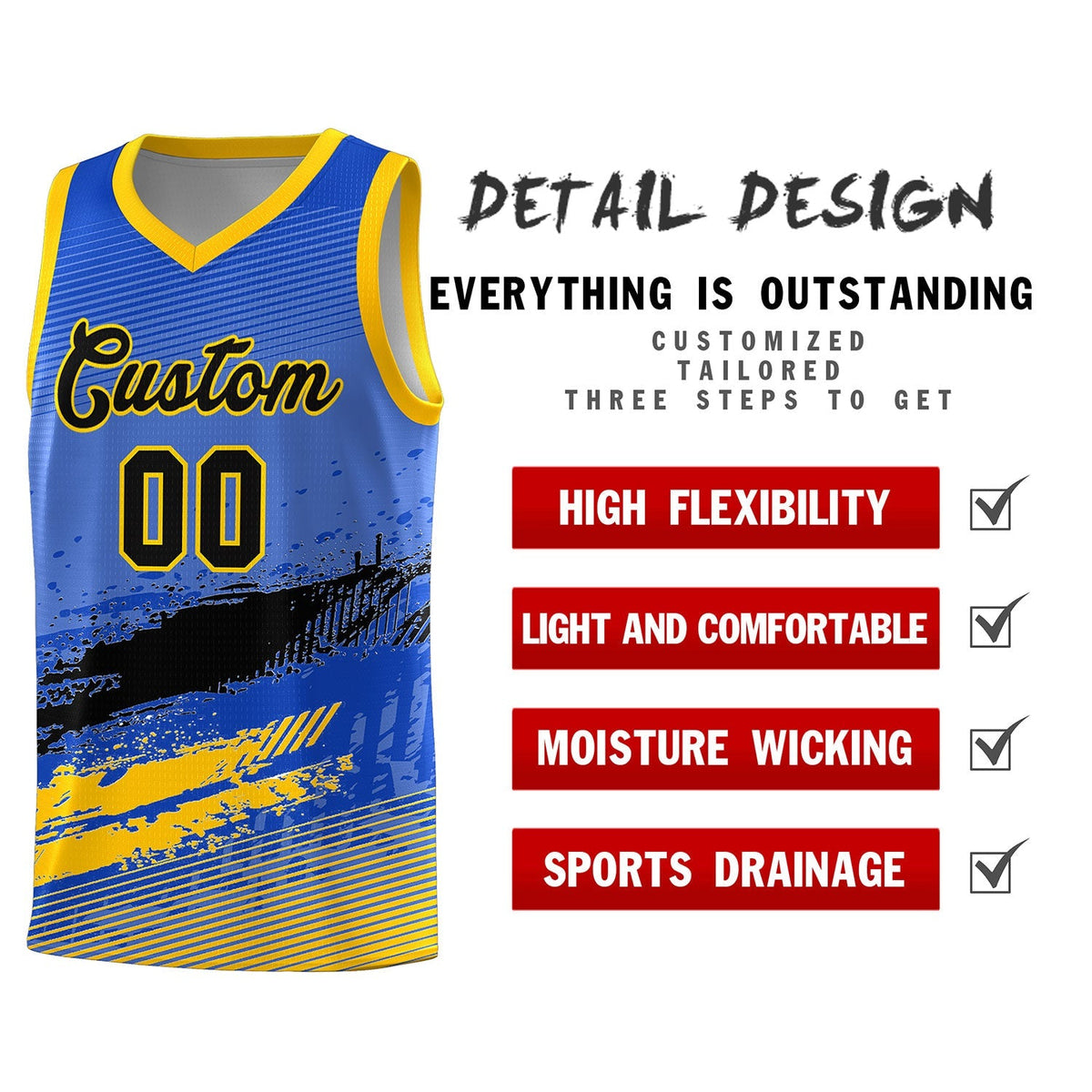 Custom Royal Black and Yellow Graffiti Pattern Sports Uniform Basketball Jersey|KXKSHOP