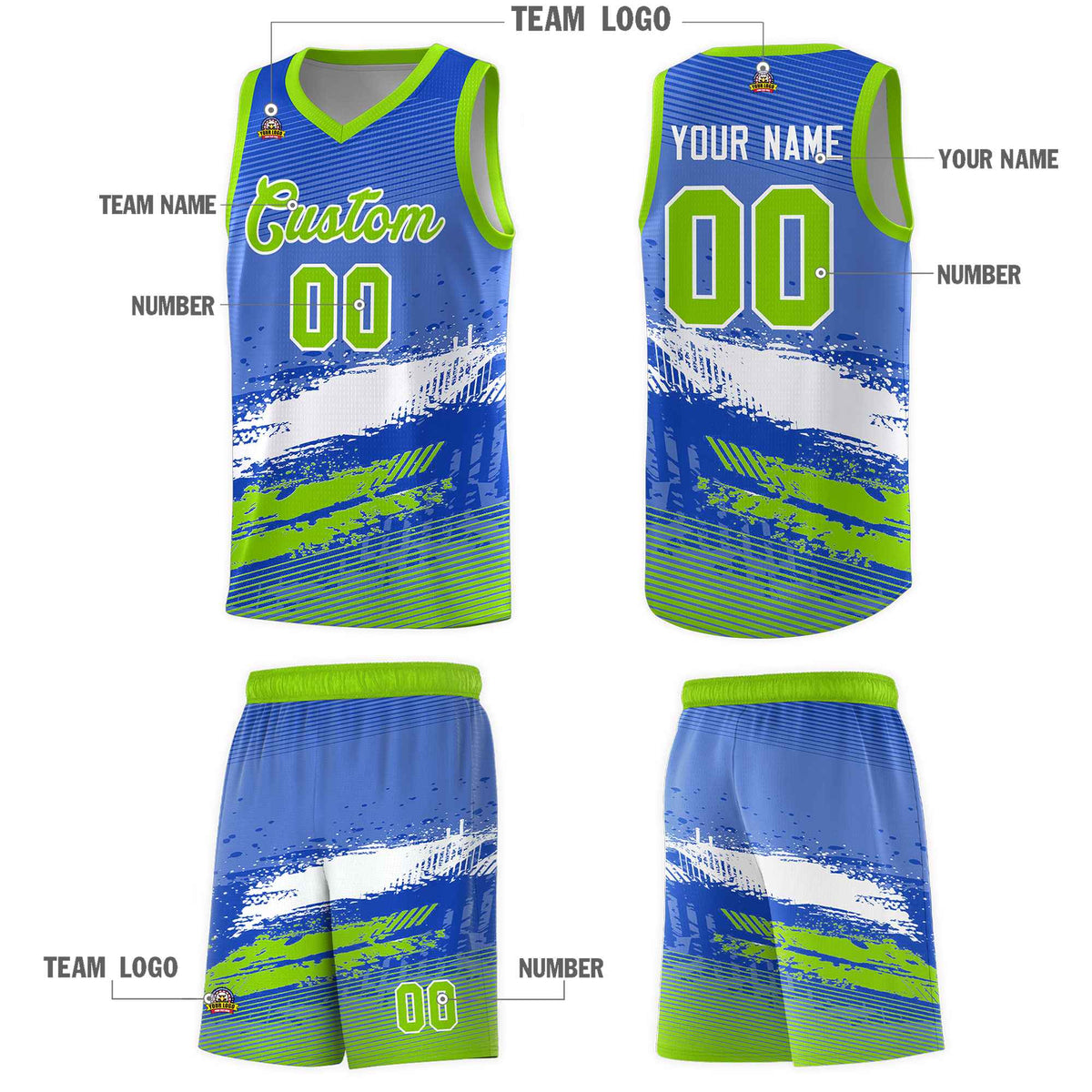 Custom Royal White and Neon Green Graffiti Pattern Sports Uniform Basketball Jersey|KXKSHOP
