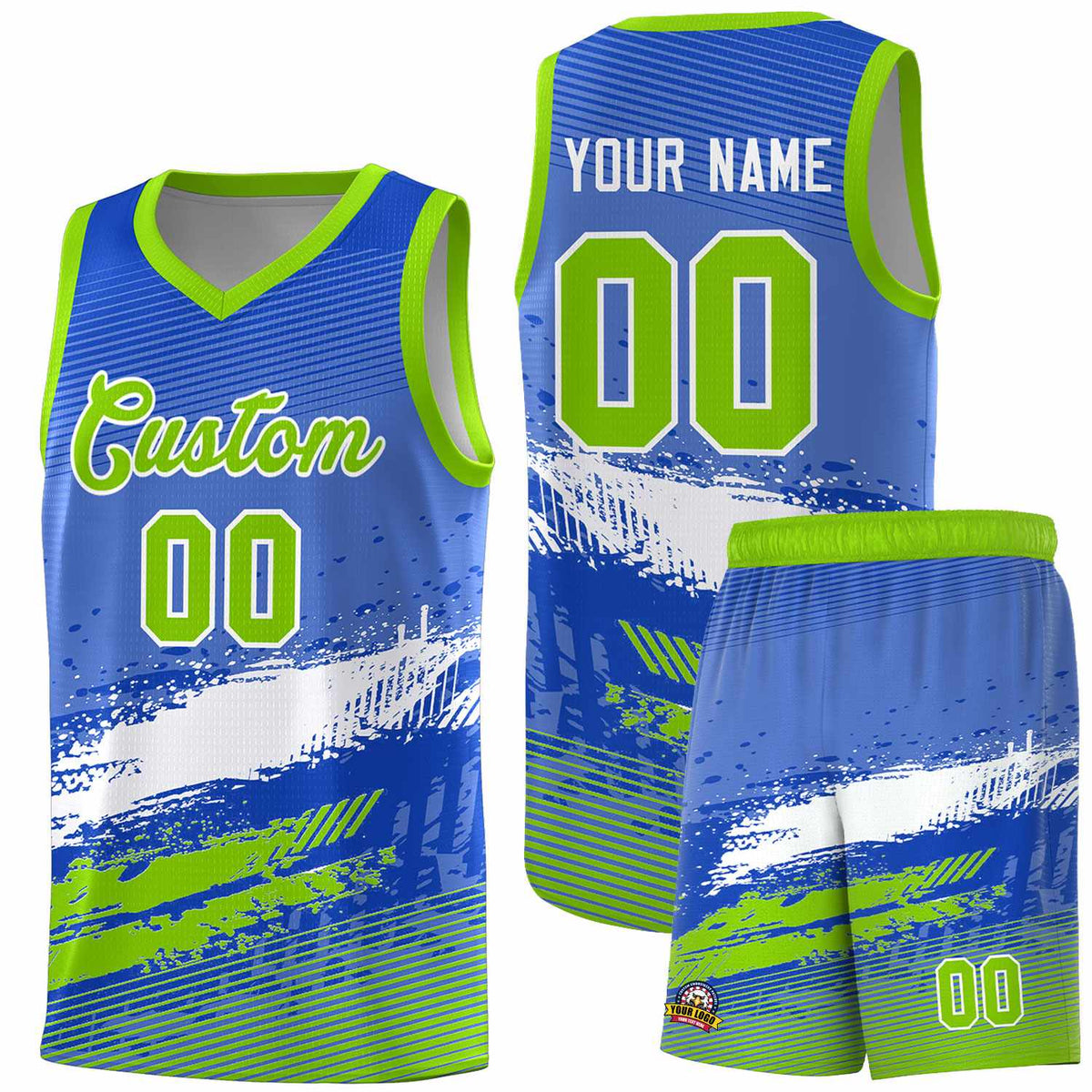 Custom Royal White and Neon Green Graffiti Pattern Sports Uniform Basketball Jersey|KXKSHOP