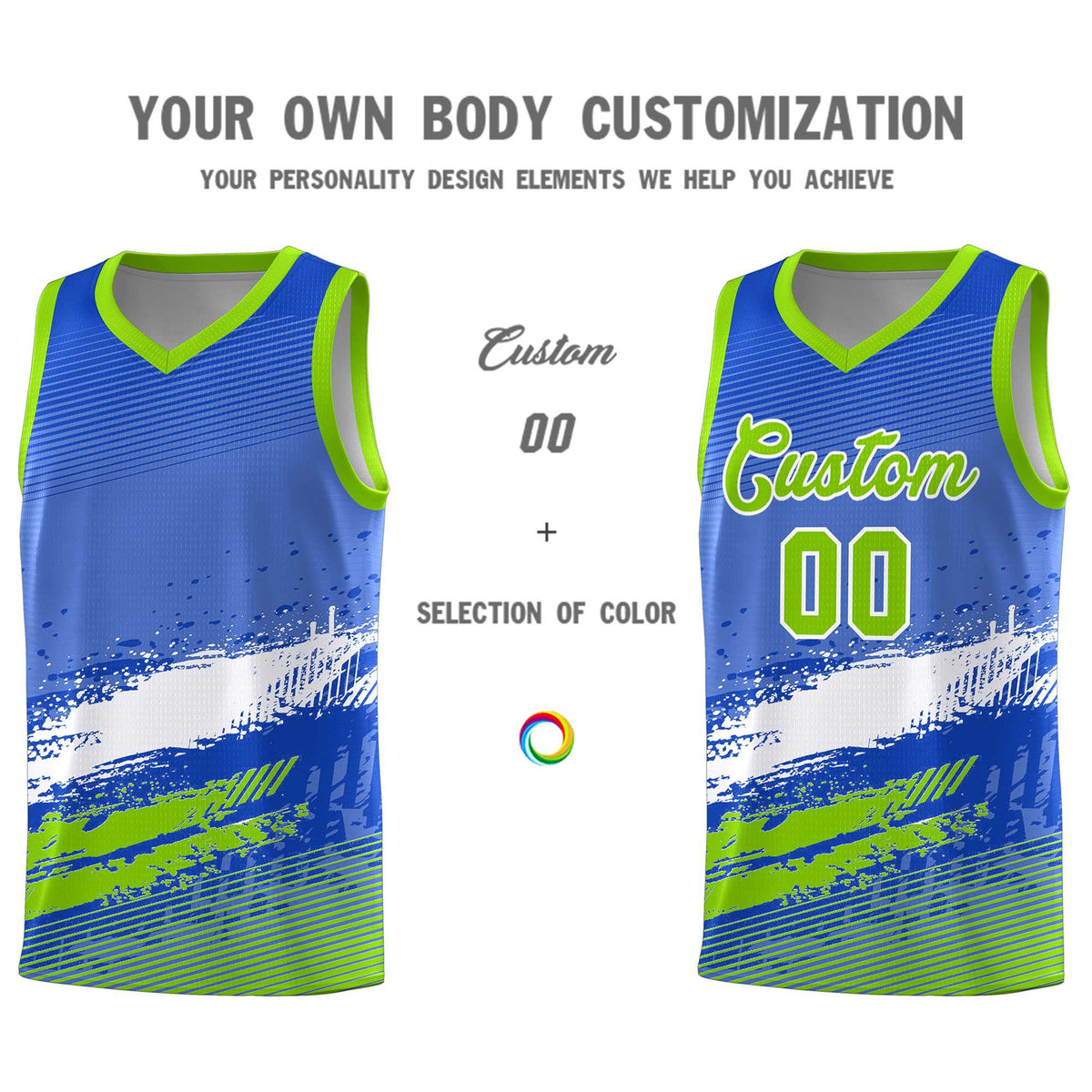 Custom Royal White and Neon Green Graffiti Pattern Sports Uniform Basketball Jersey|KXKSHOP