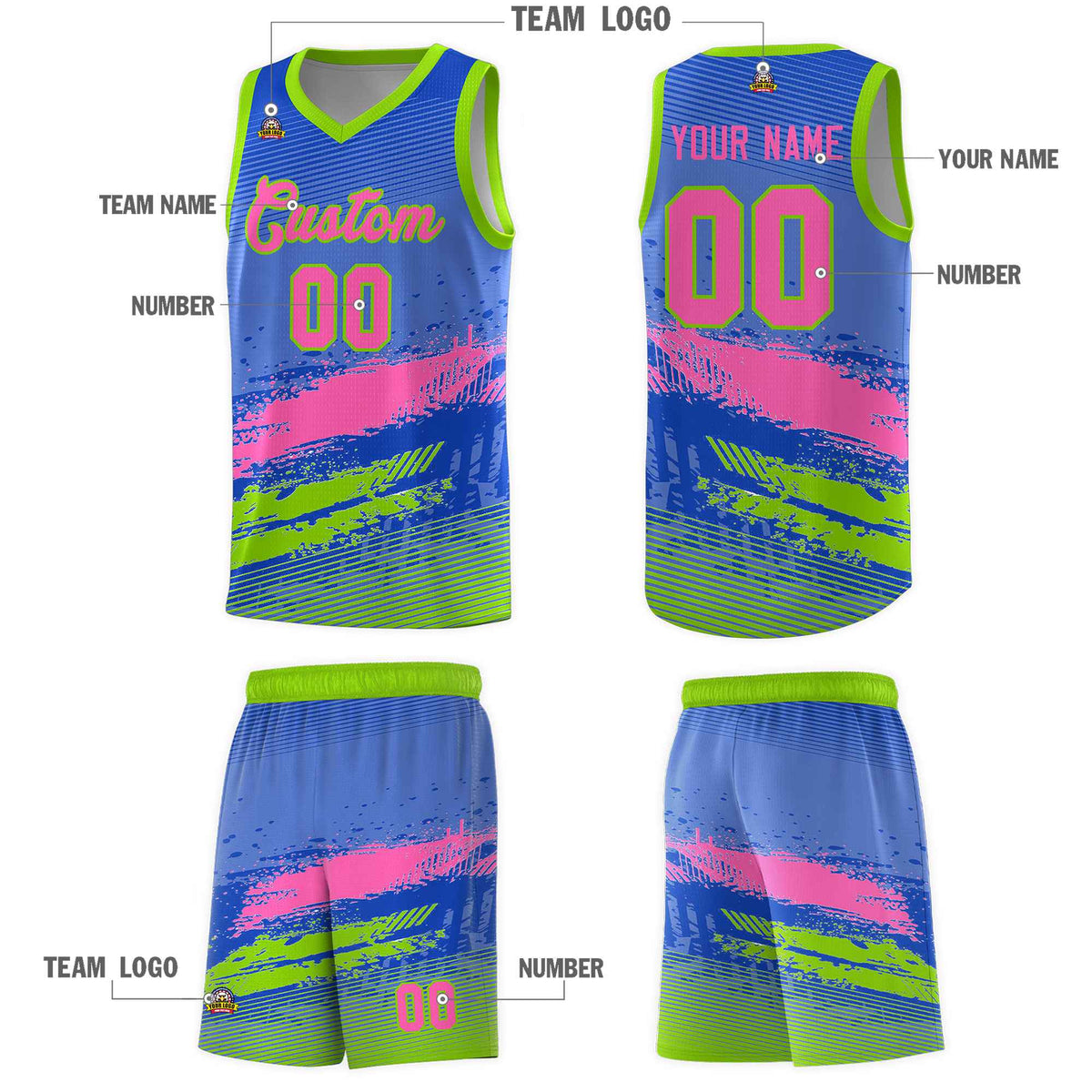 Custom Royal Pink and Neon Green Graffiti Pattern Sports Uniform Basketball Jersey|KXKSHOP