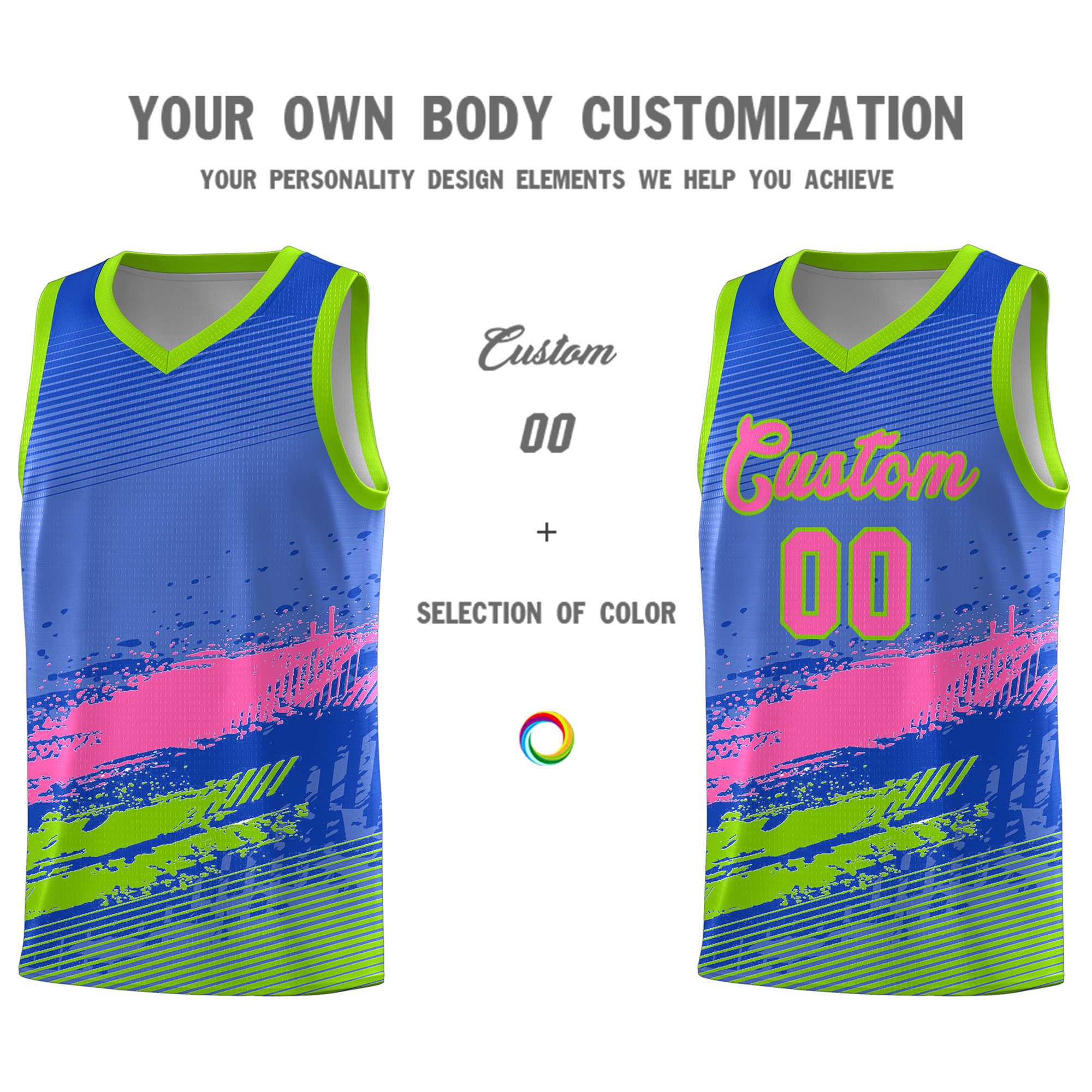 Custom Royal Pink and Neon Green Graffiti Pattern Sports Uniform Basketball Jersey|KXKSHOP