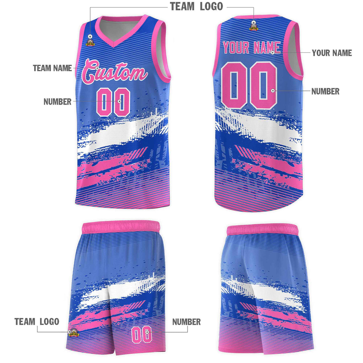 Custom Royal White and Pink Graffiti Pattern Sports Uniform Basketball Jersey|KXKSHOP