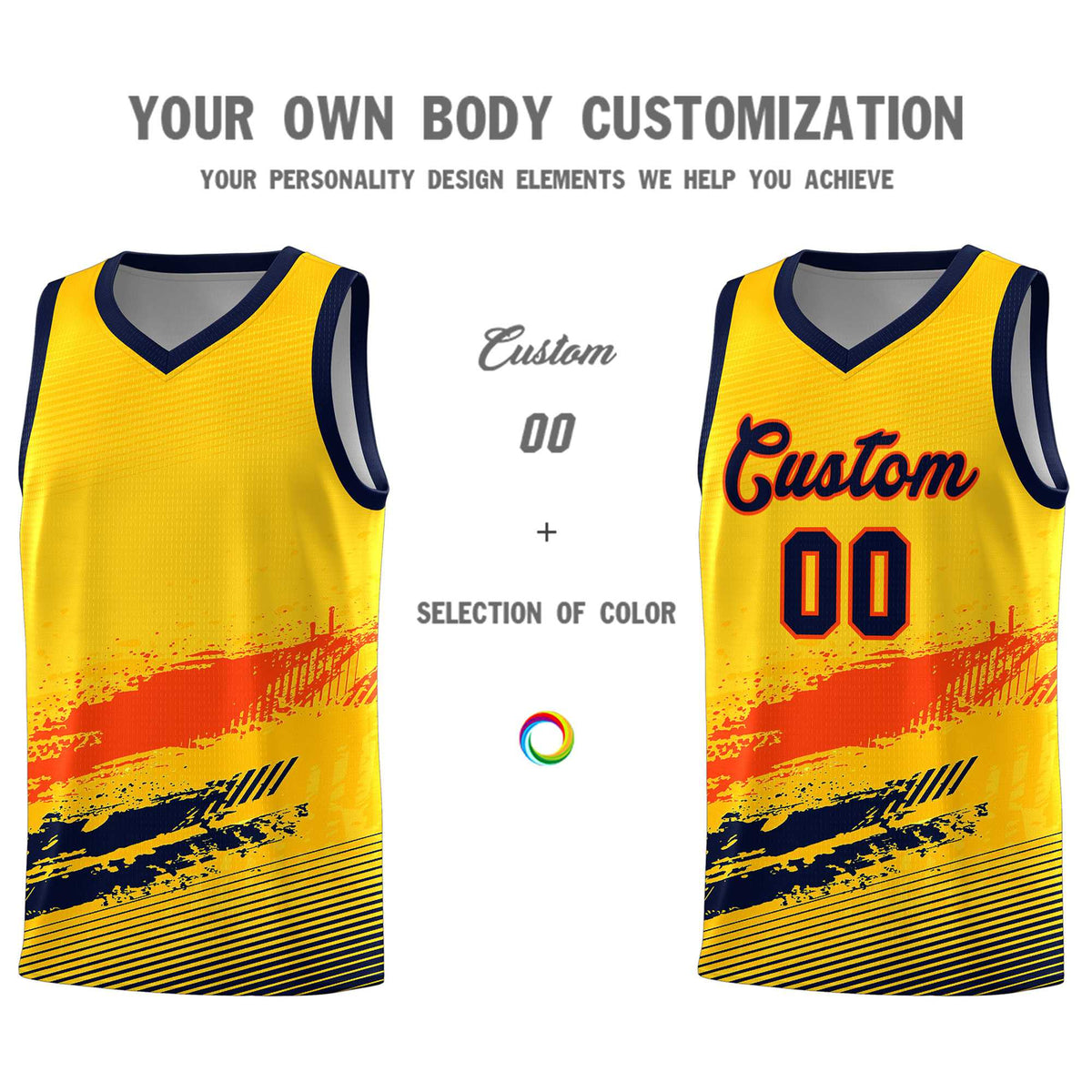Custom Yellow Orange and Navy Graffiti Pattern Sports Uniform Basketball Jersey|KXKSHOP
