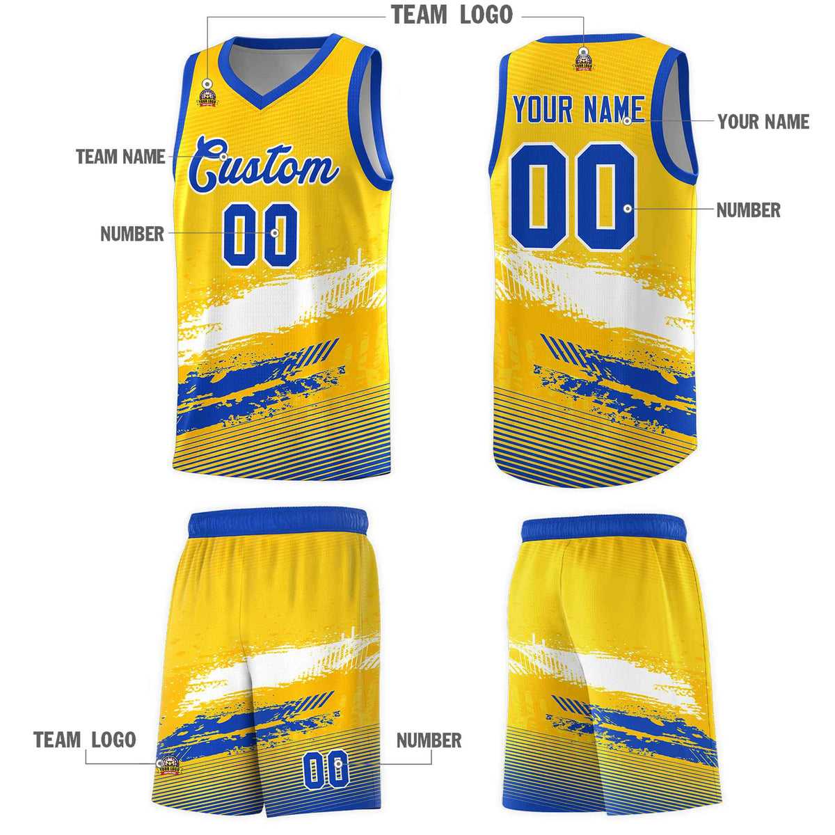 Custom Yellow White and Royal Graffiti Pattern Sports Uniform Basketball Jersey|KXKSHOP