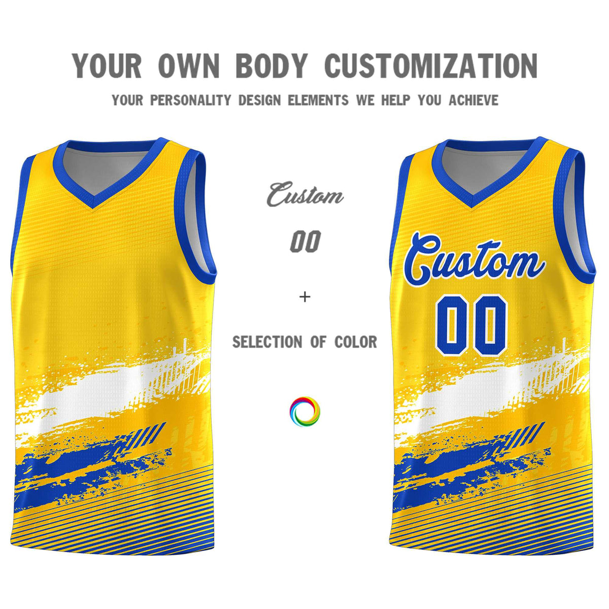 Custom Yellow White and Royal Graffiti Pattern Sports Uniform Basketball Jersey|KXKSHOP