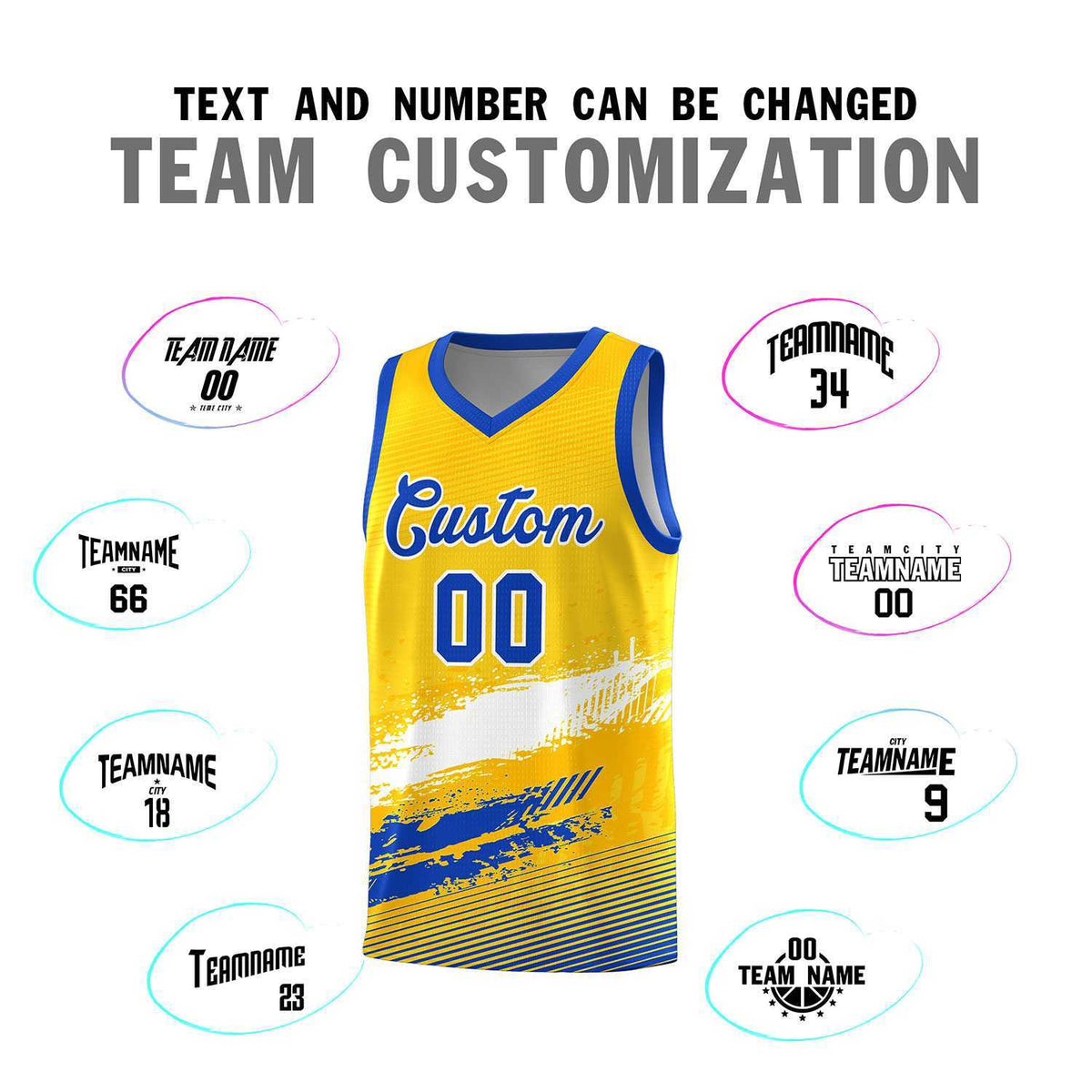Custom Yellow White and Royal Graffiti Pattern Sports Uniform Basketball Jersey|KXKSHOP