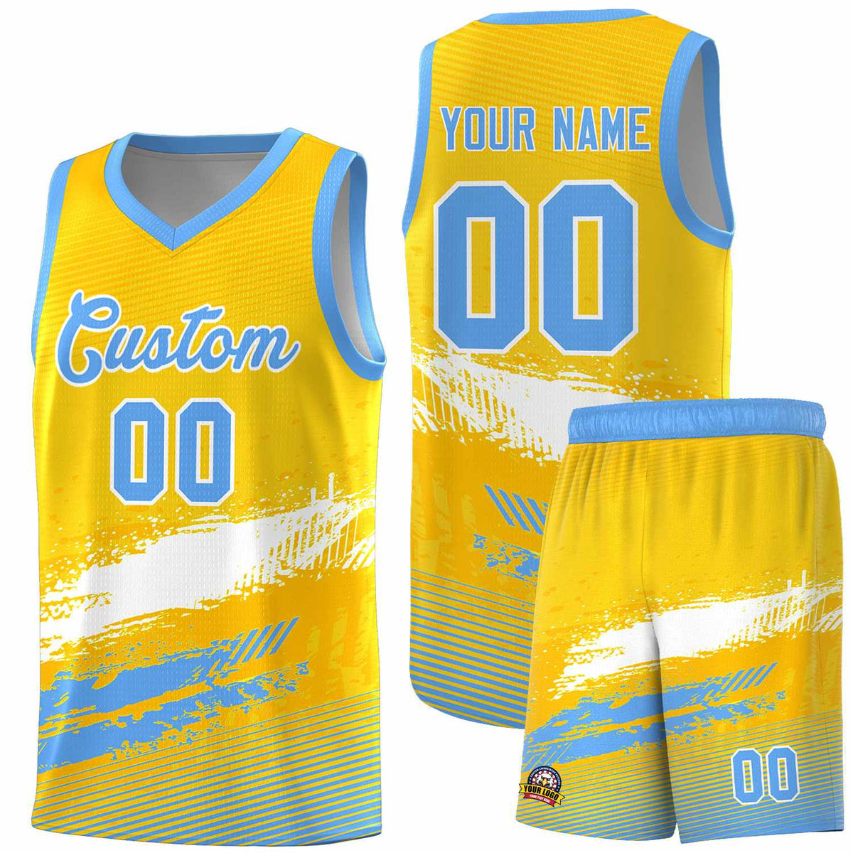 Custom Yellow White and Powder Blue Graffiti Pattern Sports Uniform Basketball Jersey|KXKSHOP