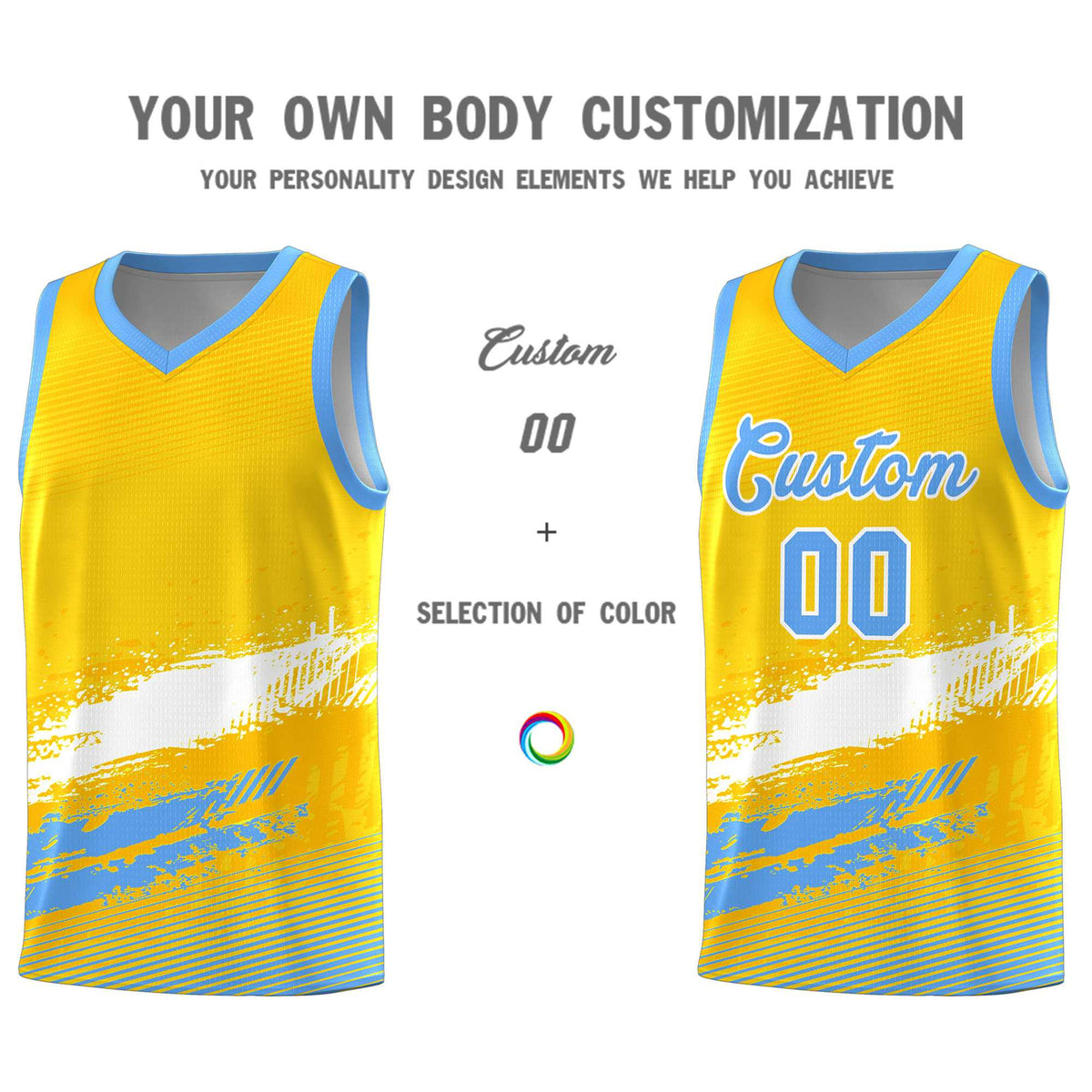 Custom Yellow White and Powder Blue Graffiti Pattern Sports Uniform Basketball Jersey|KXKSHOP