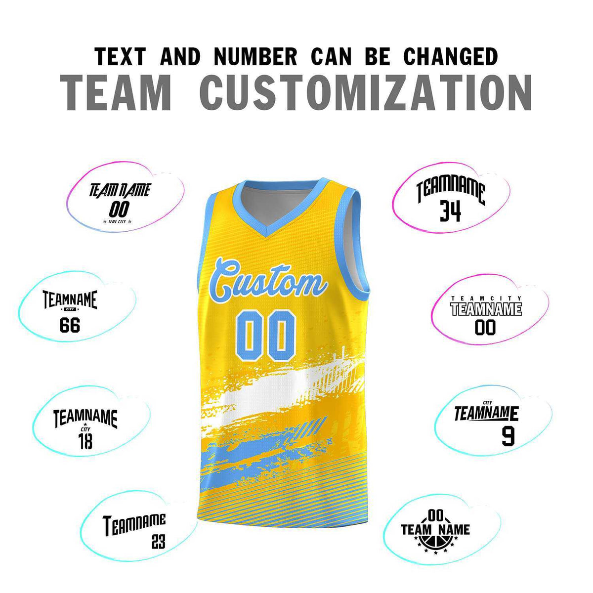 Custom Yellow White and Powder Blue Graffiti Pattern Sports Uniform Basketball Jersey|KXKSHOP