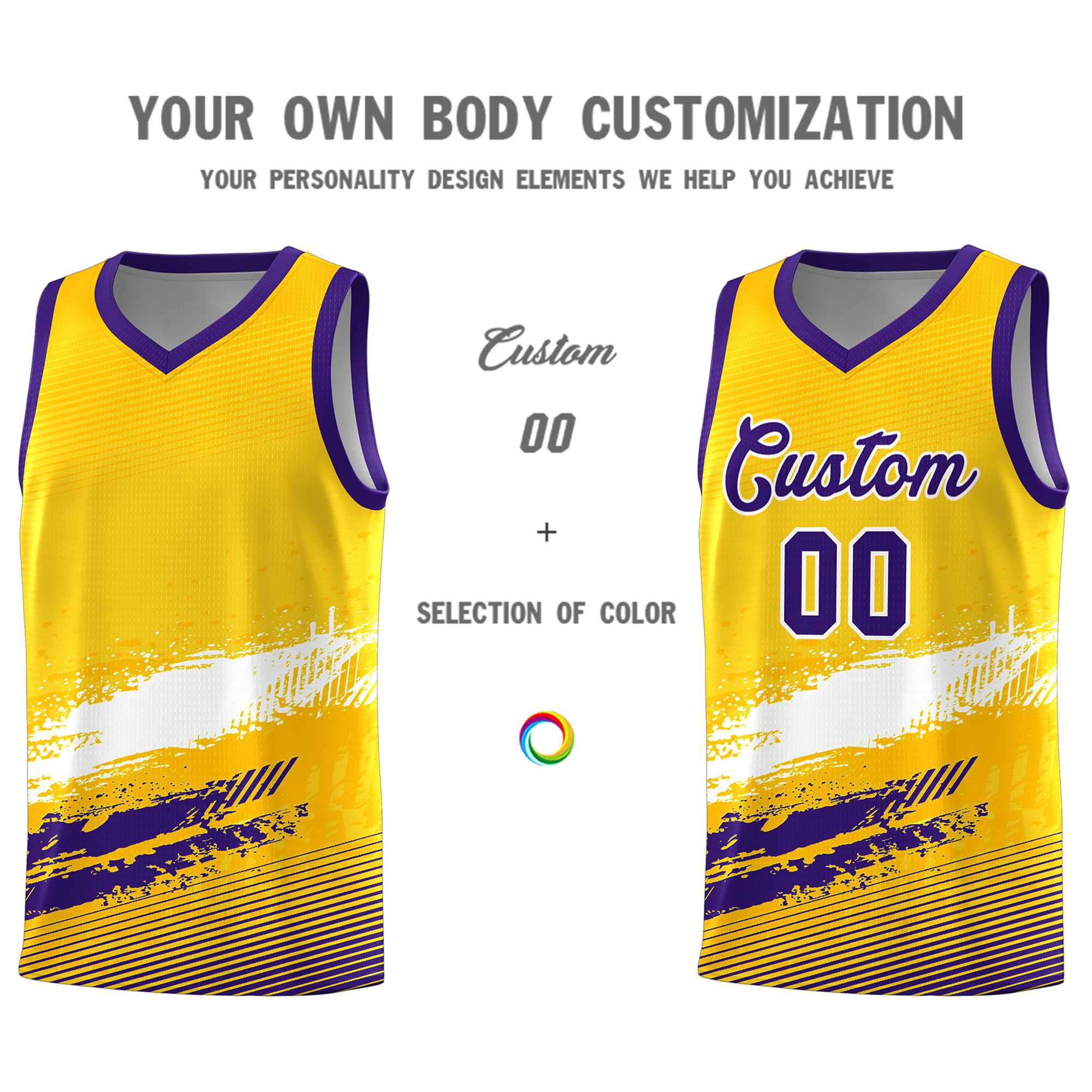 Custom Yellow White and Purple Graffiti Pattern Sports Uniform Basketball Jersey|KXKSHOP
