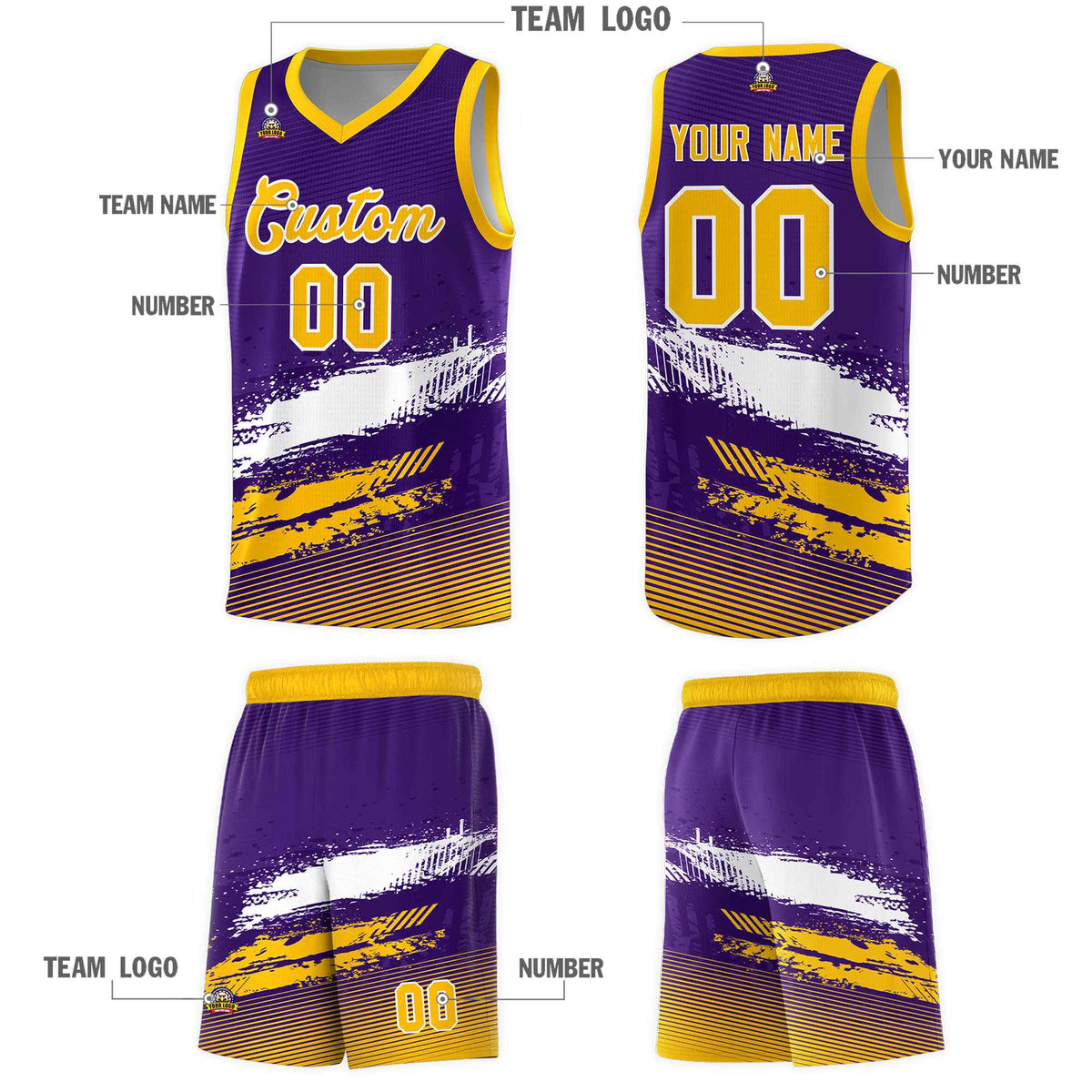 Custom Purple White and Yellow Graffiti Pattern Sports Uniform Basketball Jersey|KXKSHOP