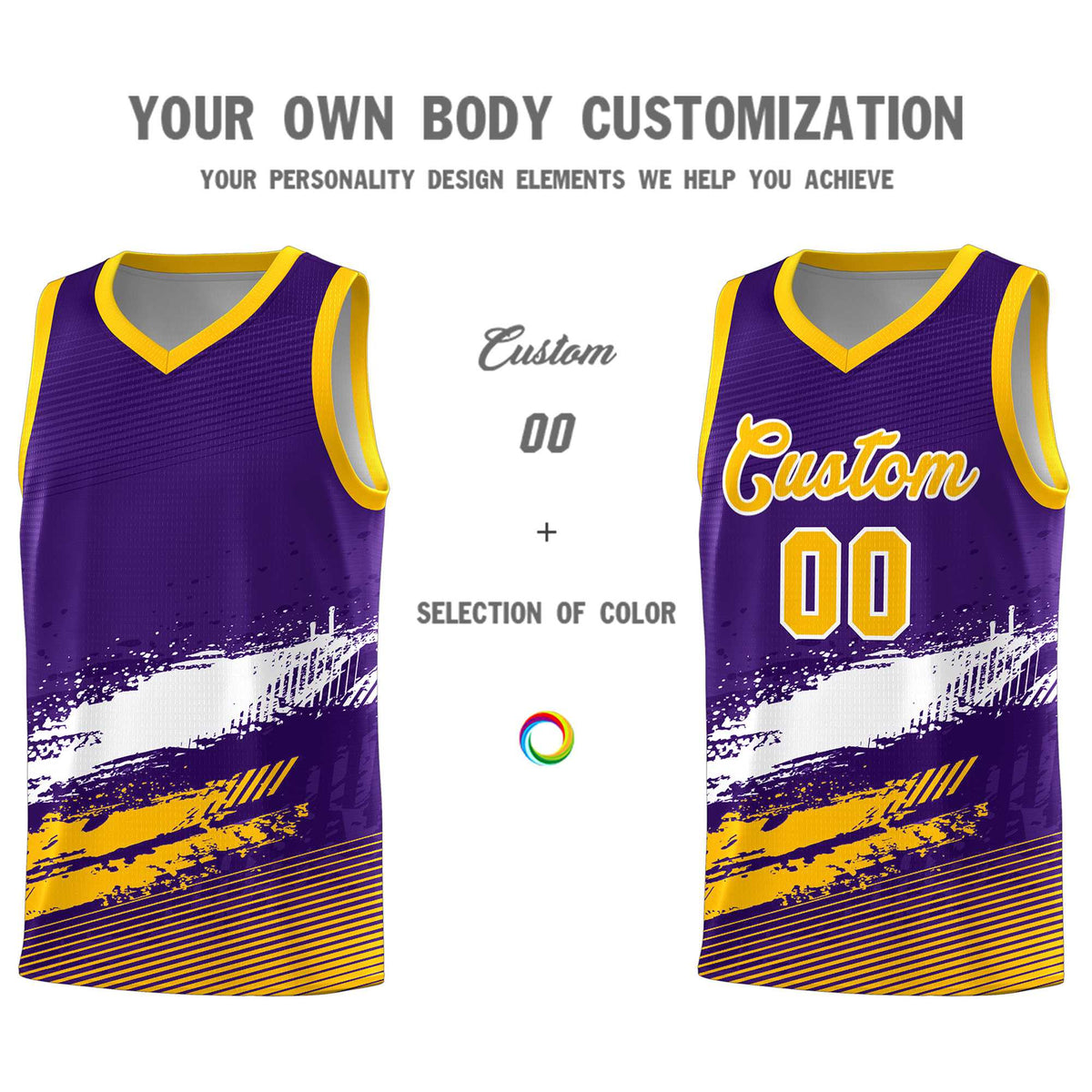 Custom Purple White and Yellow Graffiti Pattern Sports Uniform Basketball Jersey|KXKSHOP