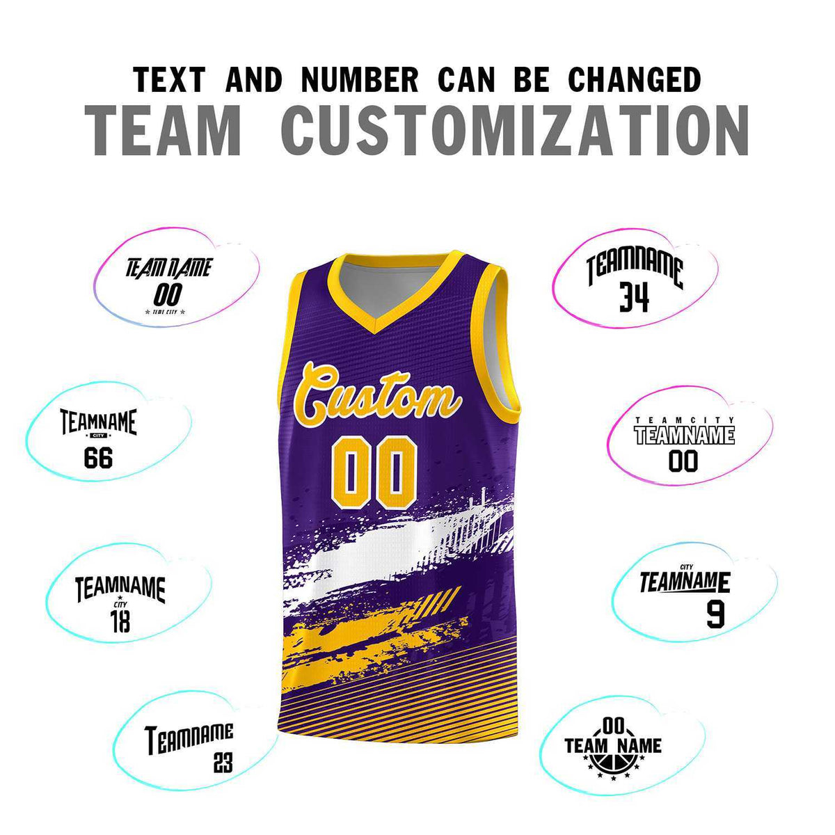 Custom Purple White and Yellow Graffiti Pattern Sports Uniform Basketball Jersey|KXKSHOP