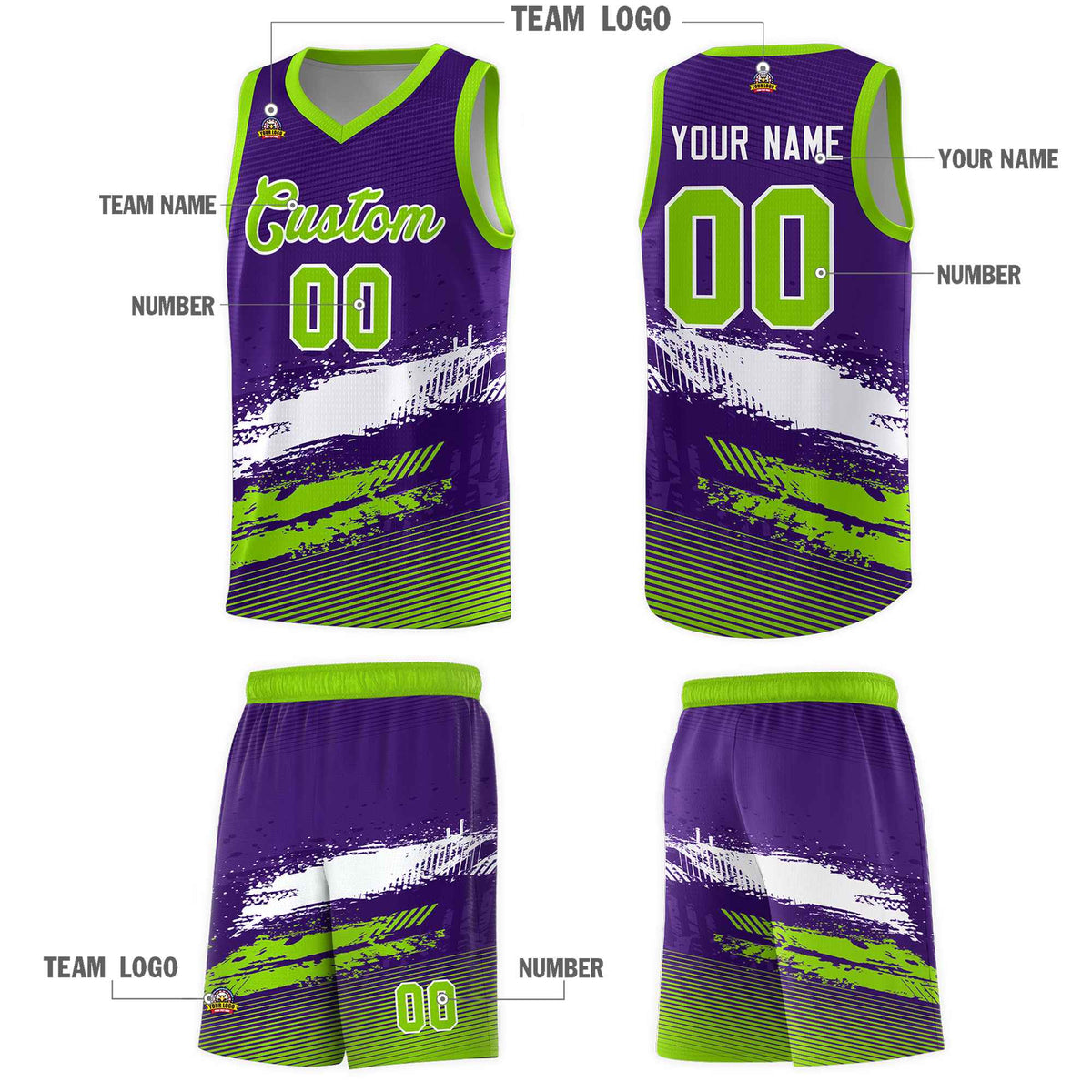 Custom Purple White and Neon Green Graffiti Pattern Sports Uniform Basketball Jersey|KXKSHOP