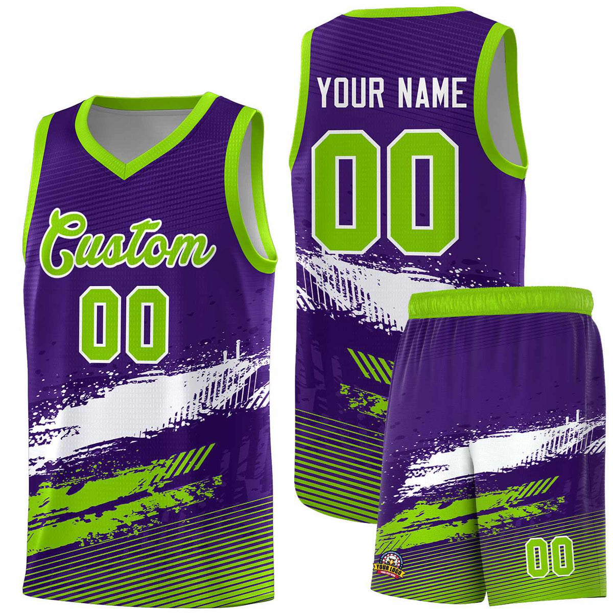 Custom Purple White and Neon Green Graffiti Pattern Sports Uniform Basketball Jersey|KXKSHOP