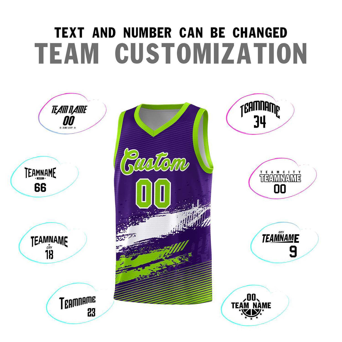 Custom Purple White and Neon Green Graffiti Pattern Sports Uniform Basketball Jersey|KXKSHOP