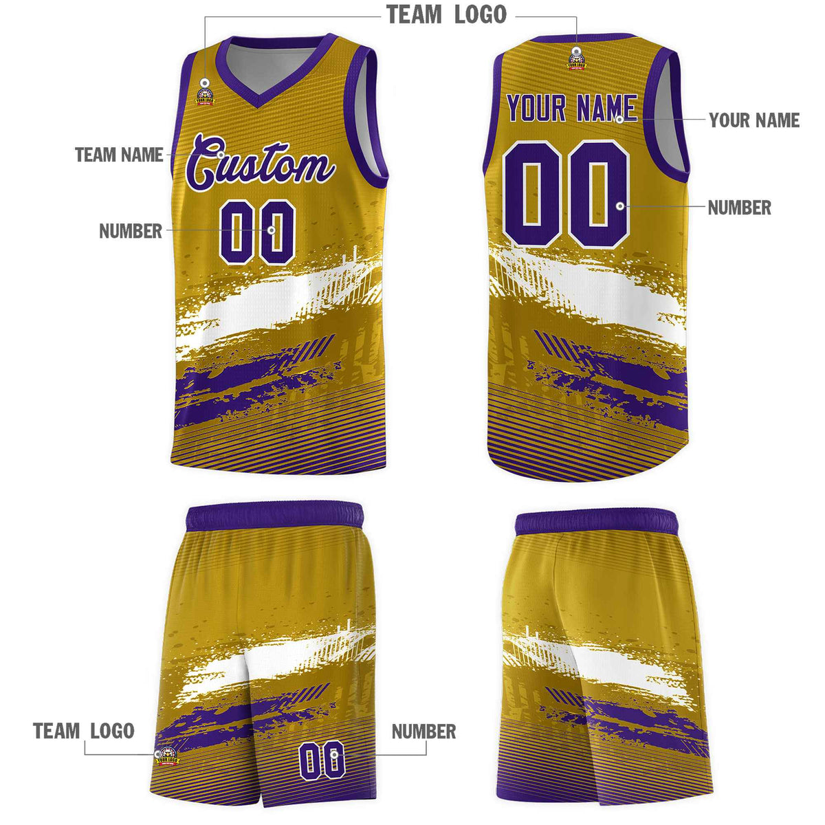 Custom Old Gold White and Purple Graffiti Pattern Sports Uniform Basketball Jersey|KXKSHOP