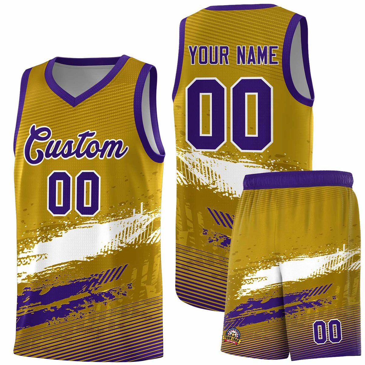 Custom Old Gold White and Purple Graffiti Pattern Sports Uniform Basketball Jersey|KXKSHOP