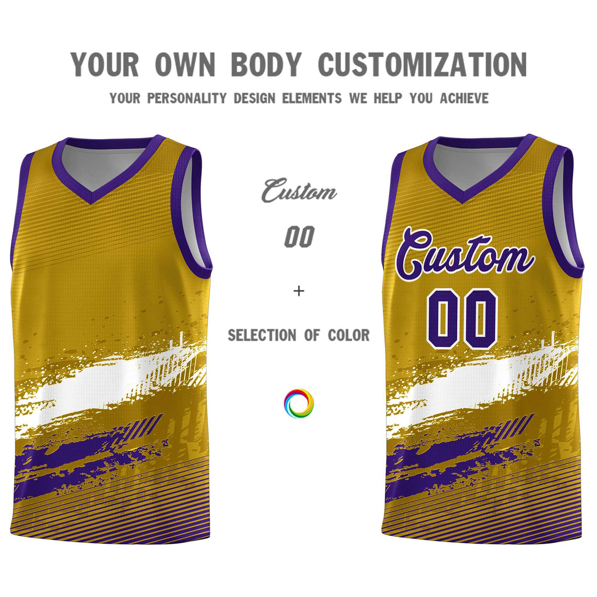 Custom Old Gold White and Purple Graffiti Pattern Sports Uniform Basketball Jersey|KXKSHOP
