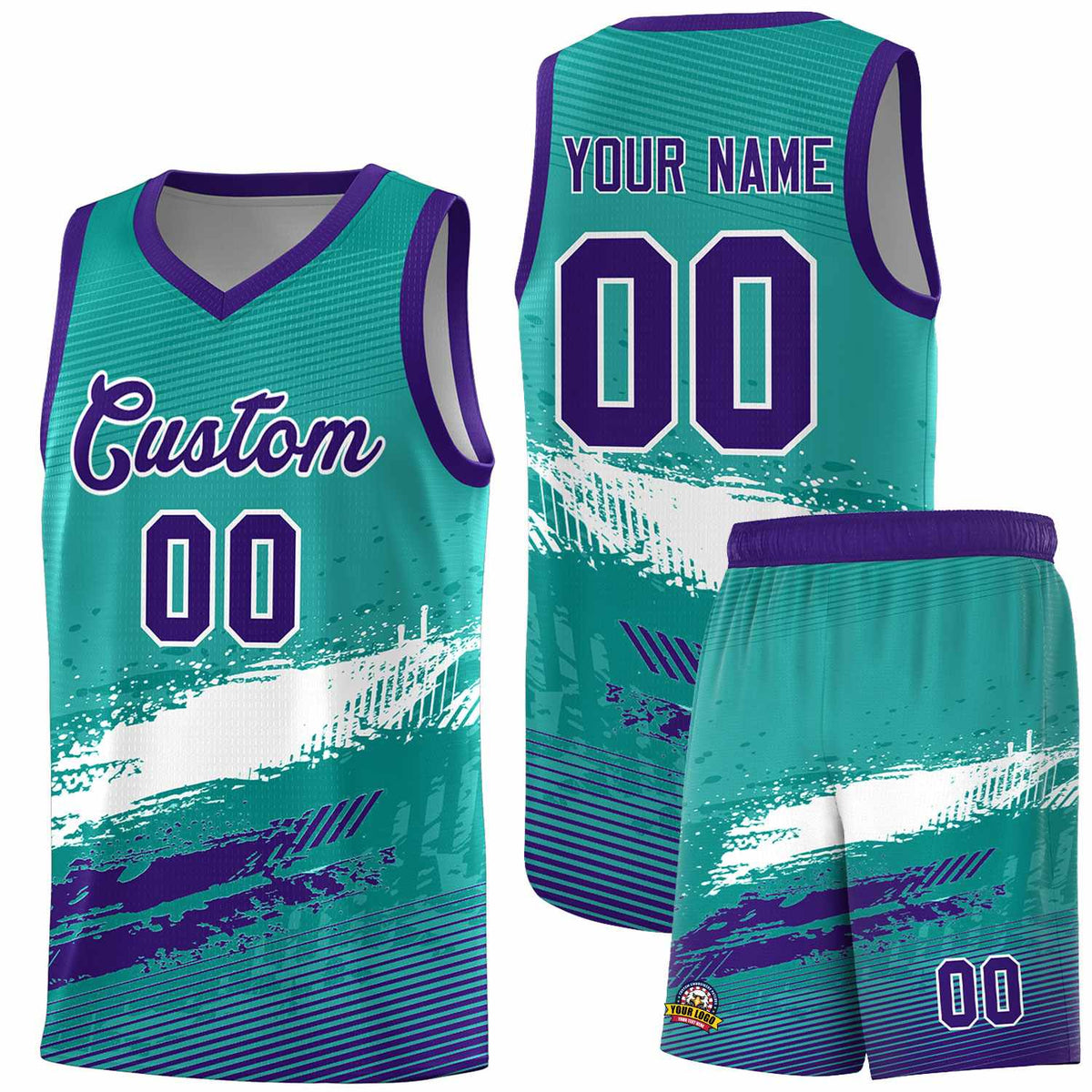 Custom Aqua White and Purple Graffiti Pattern Sports Uniform Basketball Jersey|KXKSHOP