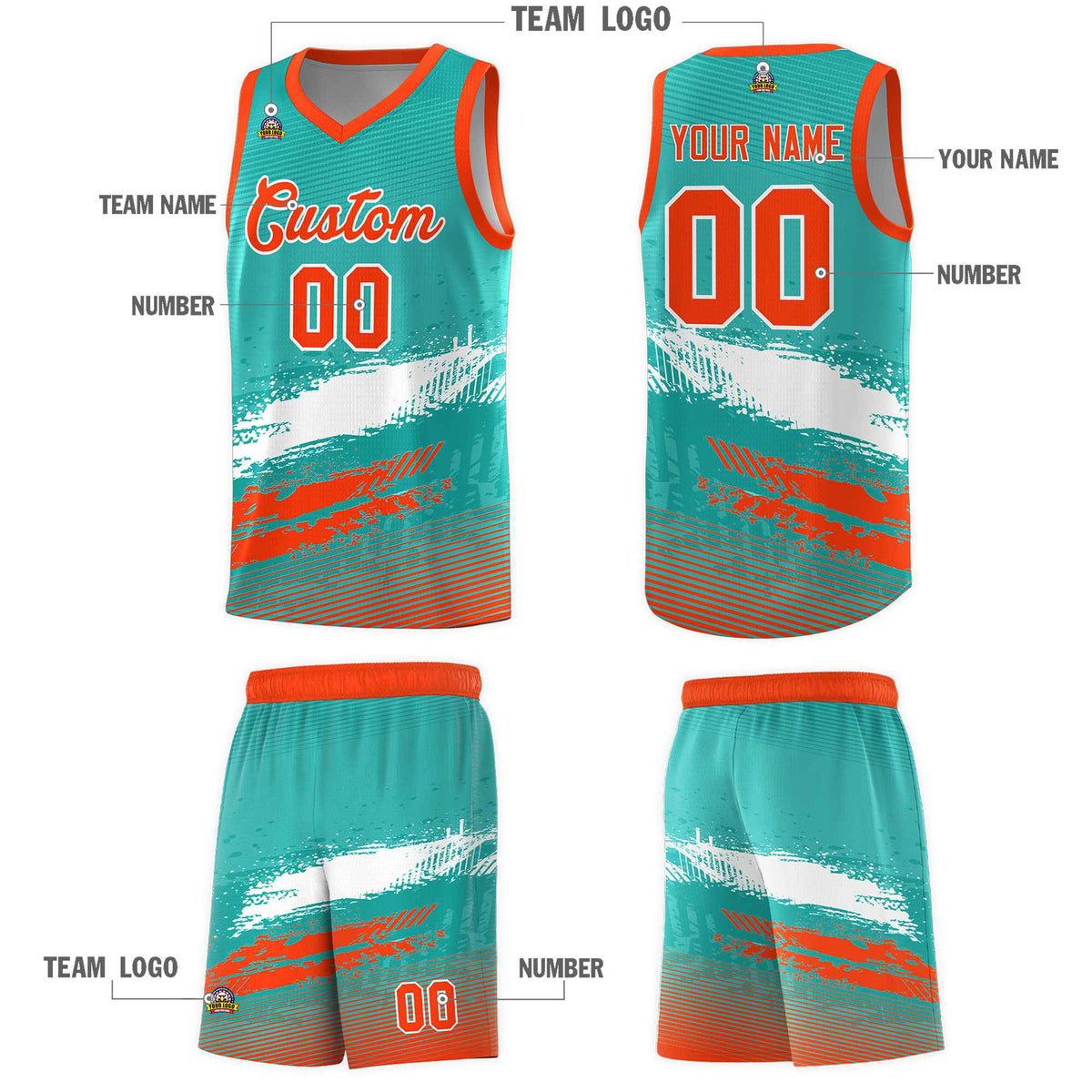 Custom Aqua White and Orange Graffiti Pattern Sports Uniform Basketball Jersey|KXKSHOP
