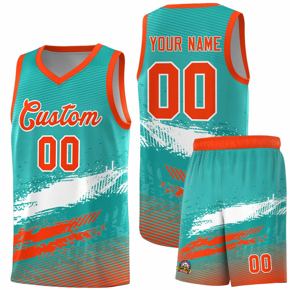 Custom Aqua White and Orange Graffiti Pattern Sports Uniform Basketball Jersey|KXKSHOP